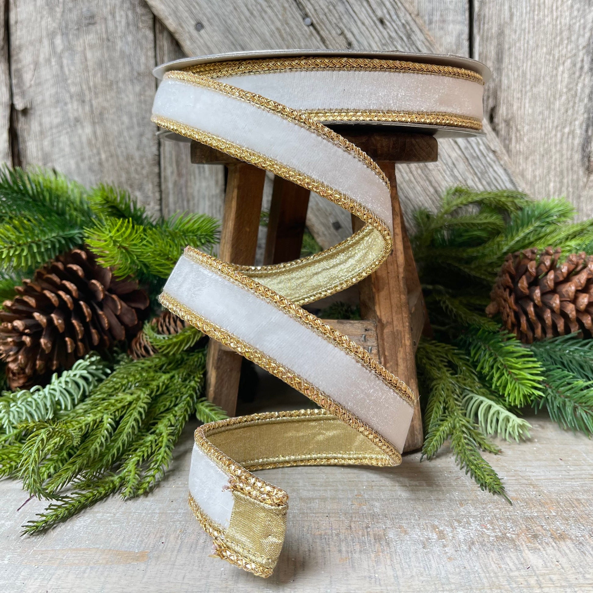 Farrislk 1" Ivory Gold Royal Velvet, Holiday Ribbon, Velvet Ribbon