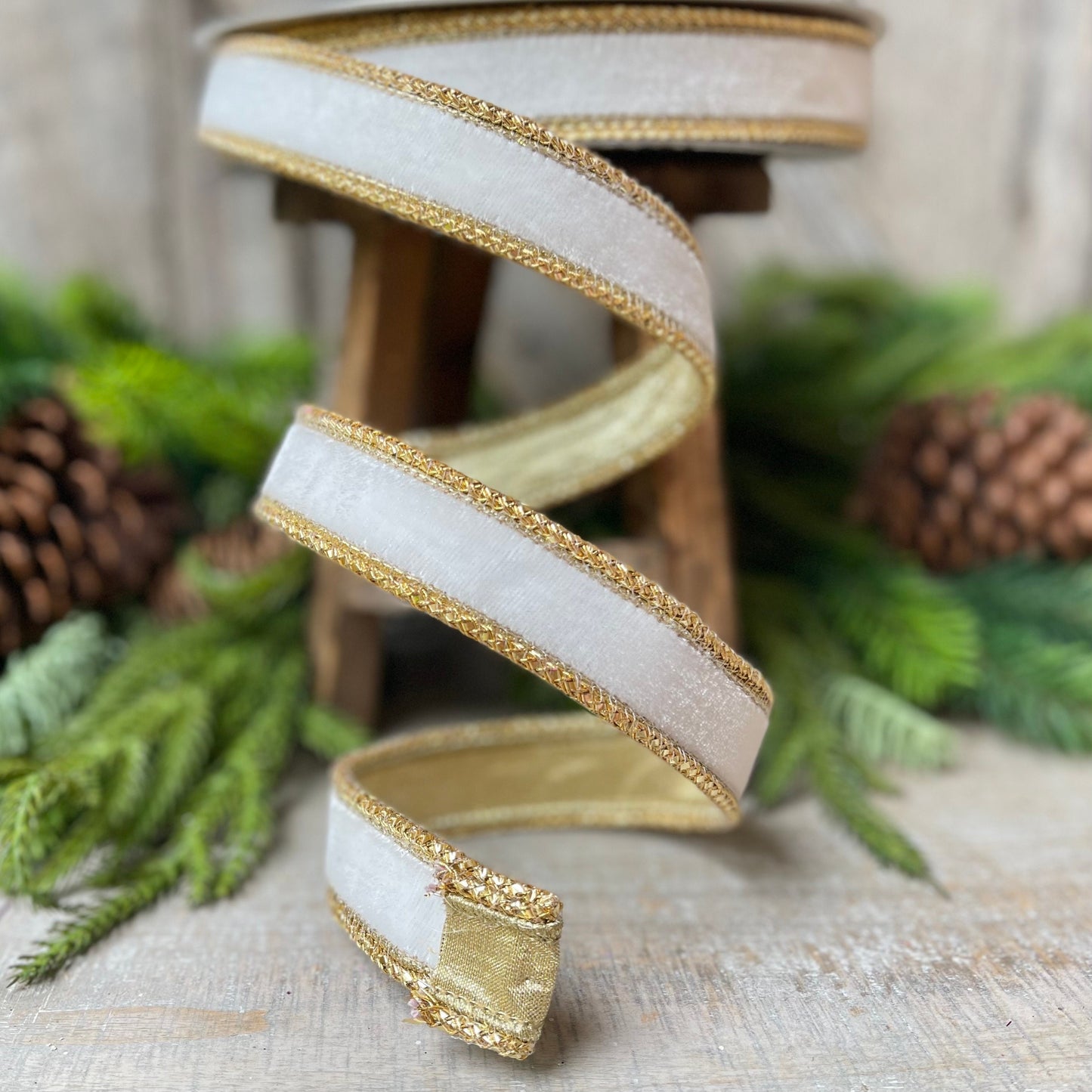 Farrislk 1" Ivory Gold Royal Velvet, Holiday Ribbon, Velvet Ribbon