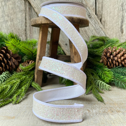 1" IRIDESCENT WHITE Pixie Dust, Farrisilk Ribbon, White Glitter RIbbon