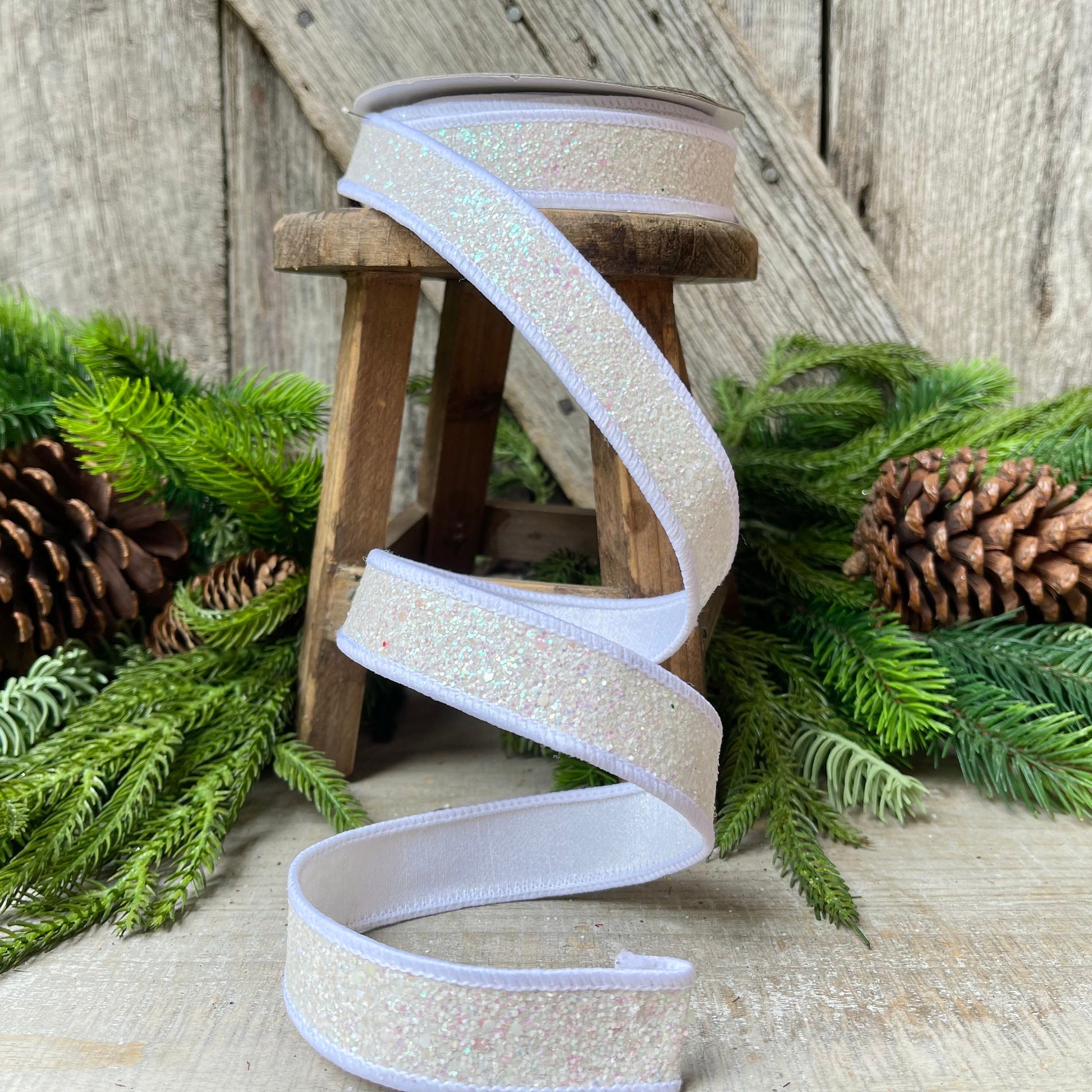 1" IRIDESCENT WHITE Pixie Dust, Farrisilk Ribbon, White Glitter RIbbon