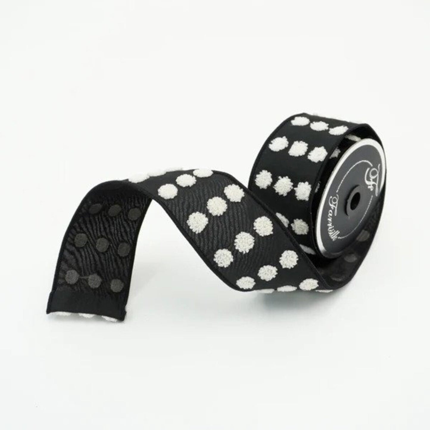 2.5" Black White Pompoms Wired Ribbon, Farrisilk Ribbon