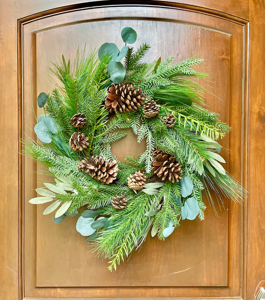 24" Pine Eucalyptus Spruce Pine Cone Wreath, Christmas Wreath