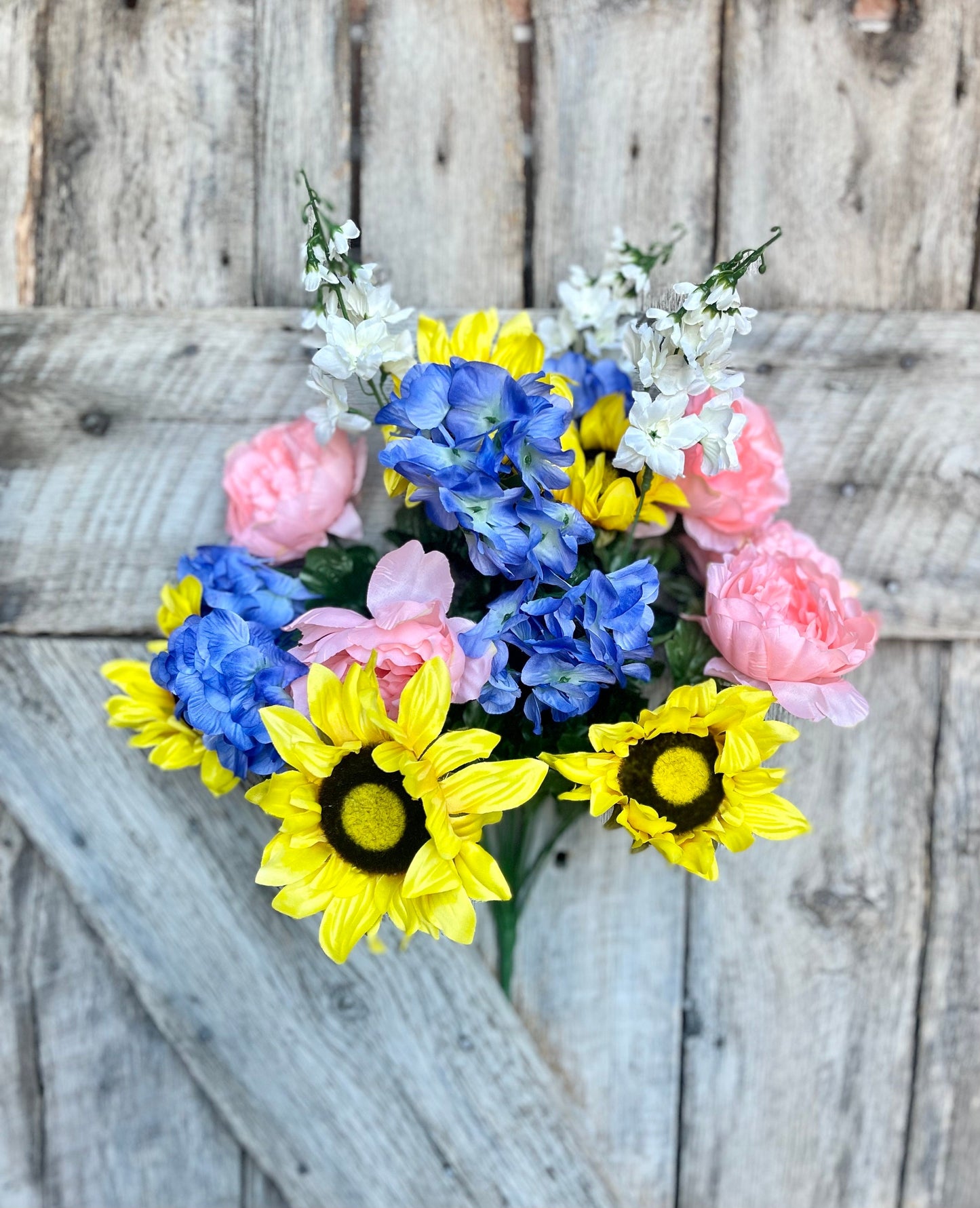 24" Sunflower Peony hydrangea bush, Yellow Sunflower, Yellow and Blue Floral Bush