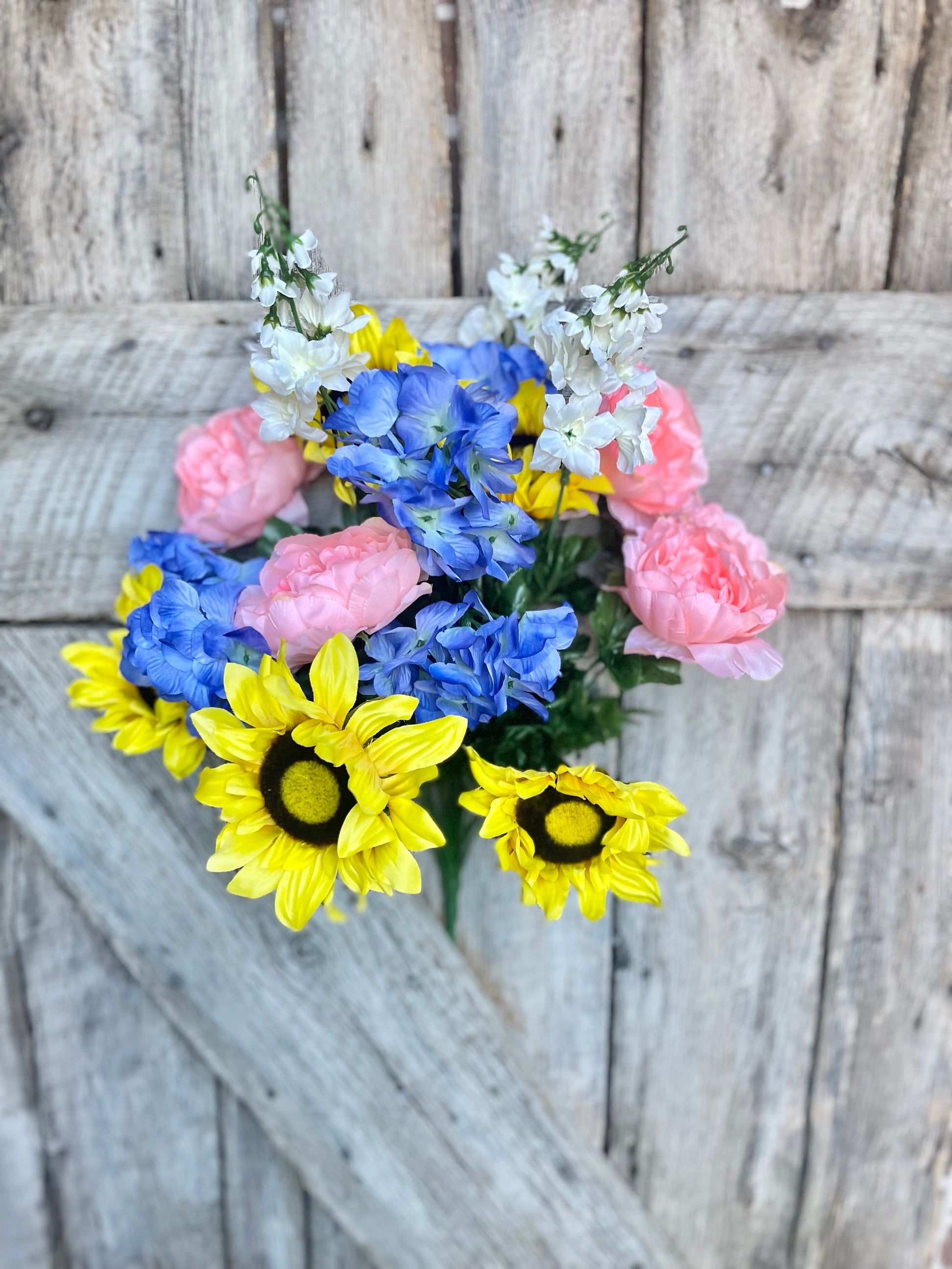 24" Sunflower Peony hydrangea bush, Yellow Sunflower, Yellow and Blue Floral Bush