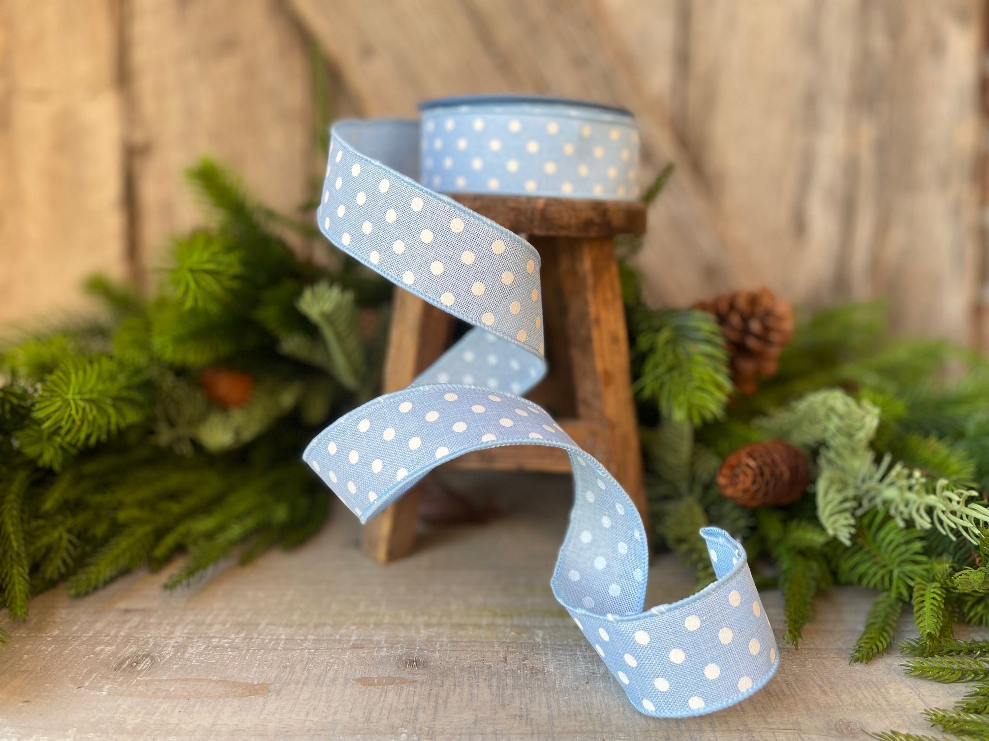 1.5" Blue Spring Dots Wired Ribbon, Farrisilk Ribbon