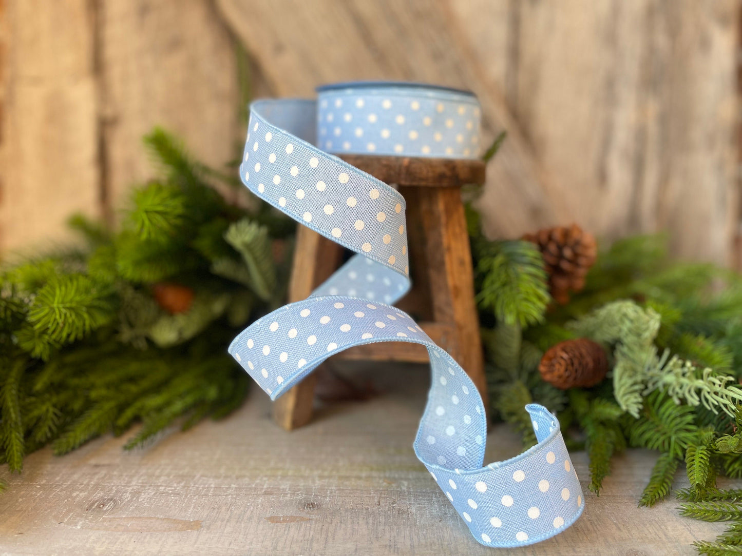 1.5" Blue Spring Dots Wired Ribbon, Farrisilk Ribbon