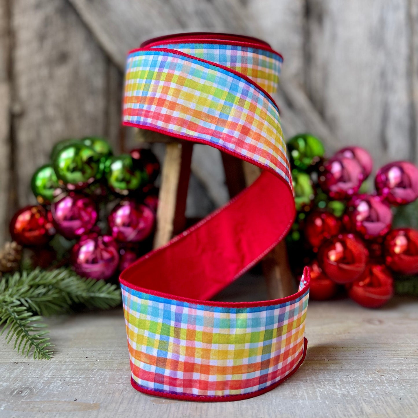 2.5" Rainbow Plaid Ribbon, Christmas Ribbon, Colorful Ribbon