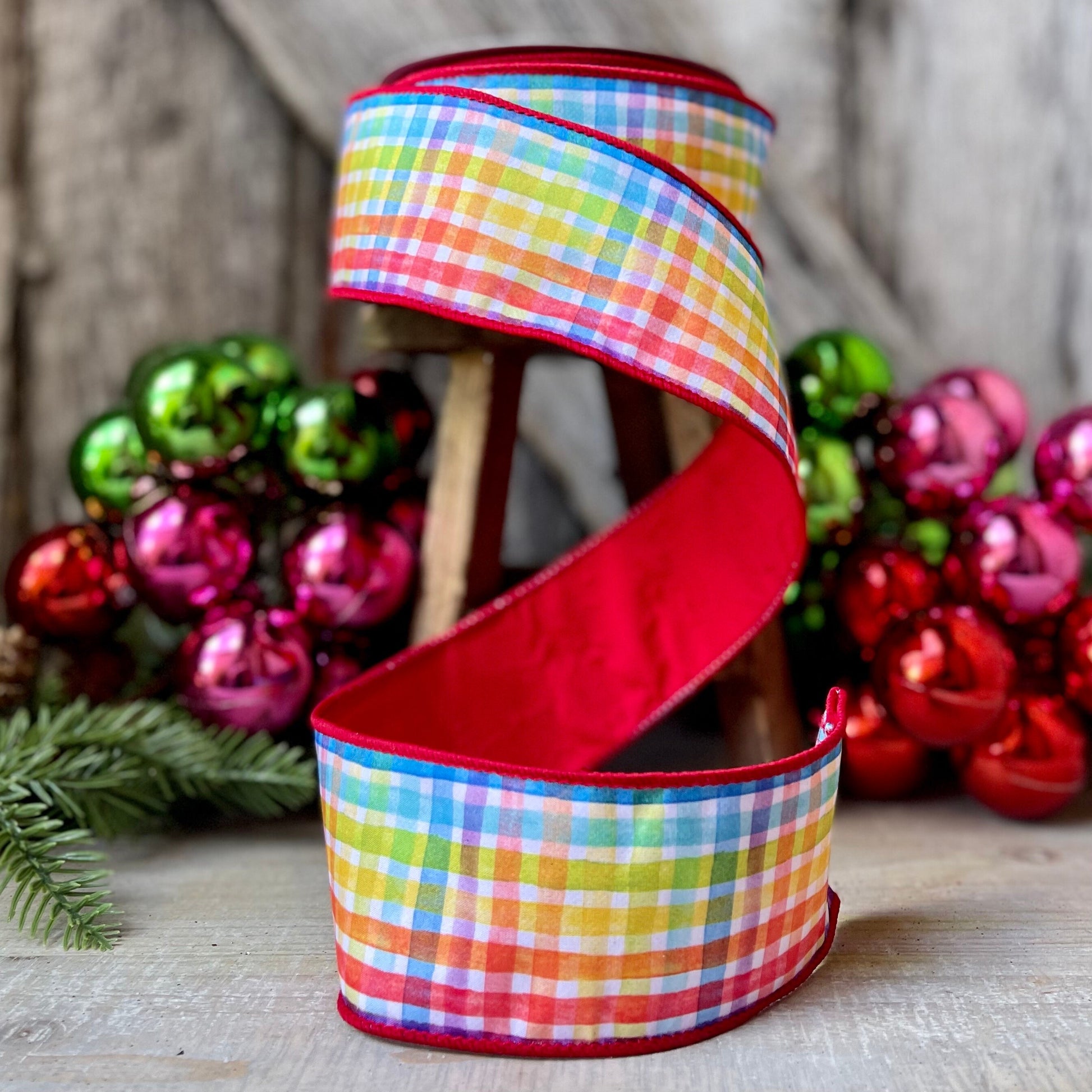 2.5" Rainbow Plaid Ribbon, Christmas Ribbon, Colorful Ribbon