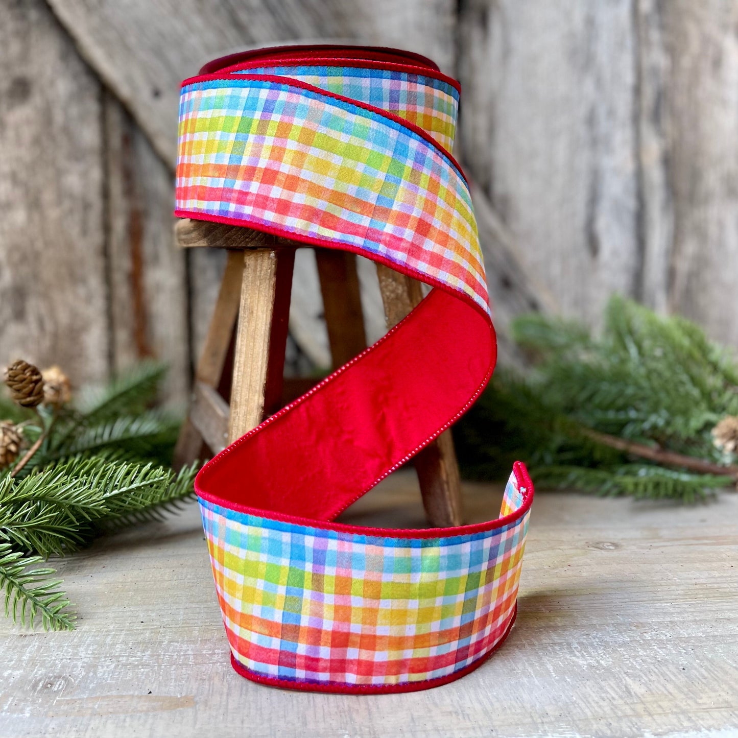 2.5" Rainbow Plaid Ribbon, Christmas Ribbon, Colorful Ribbon