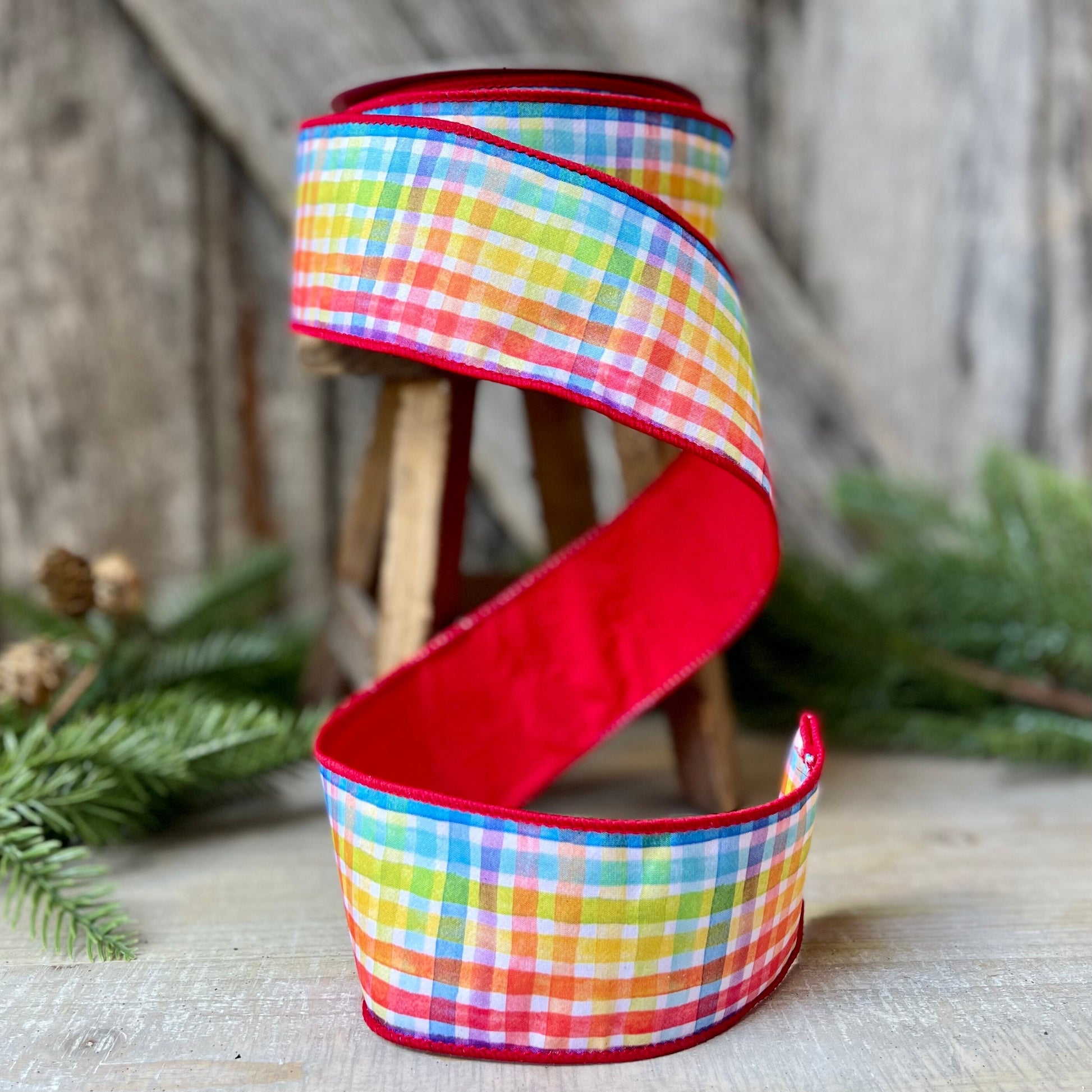 2.5" Rainbow Plaid Ribbon, Christmas Ribbon, Colorful Ribbon