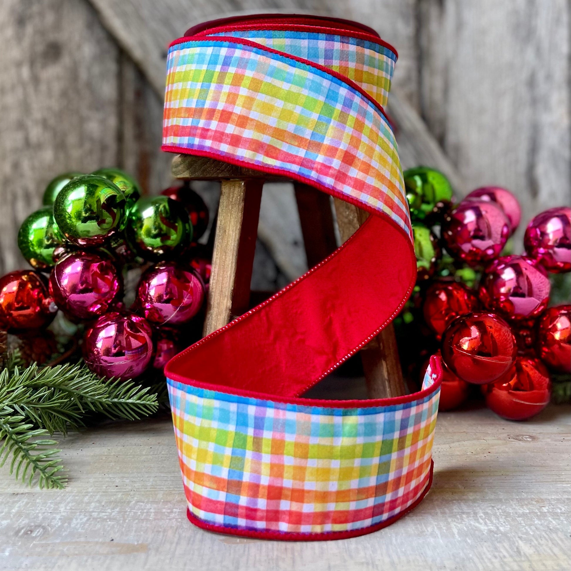 2.5" Rainbow Plaid Ribbon, Christmas Ribbon, Colorful Ribbon