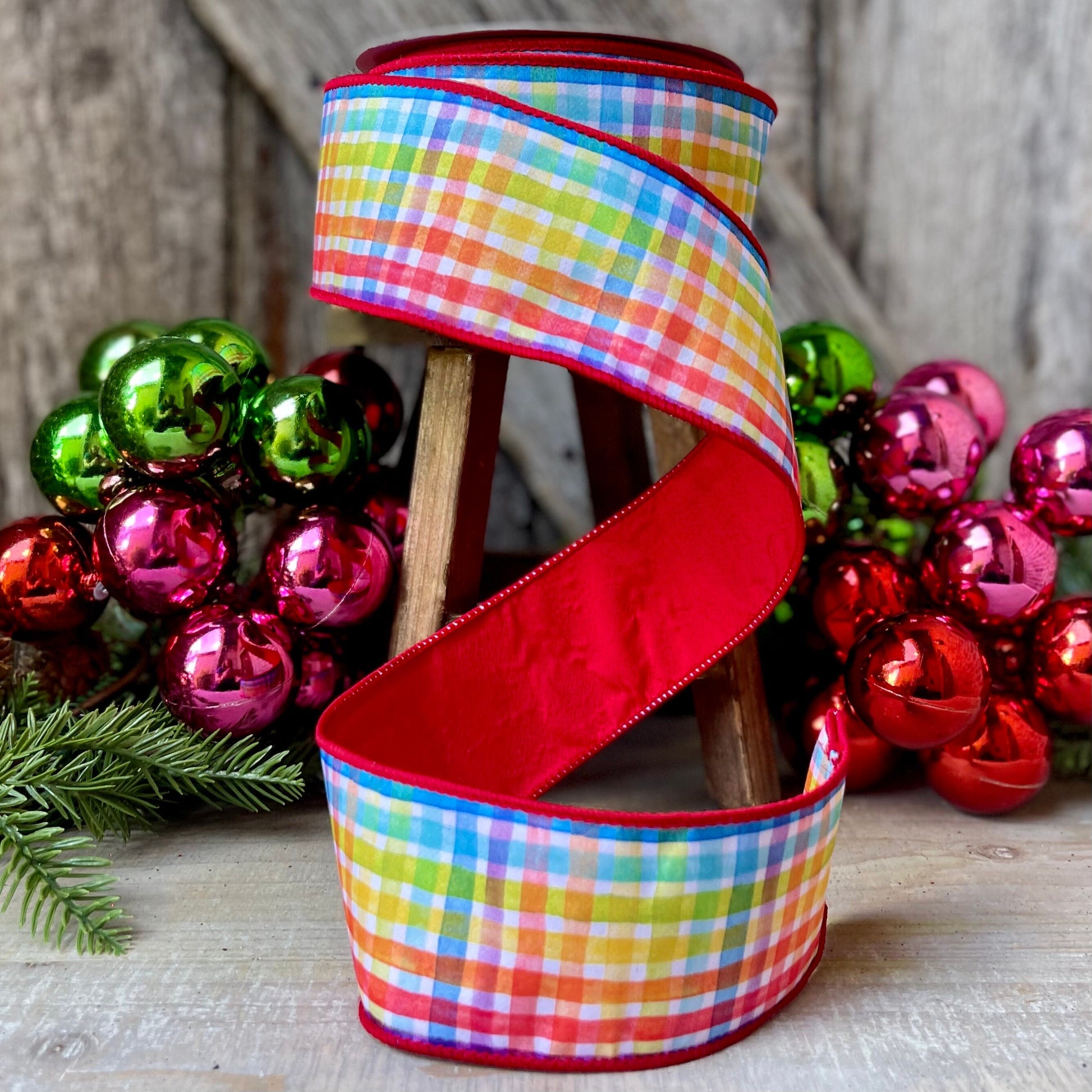 2.5" Rainbow Plaid Ribbon, Christmas Ribbon, Colorful Ribbon