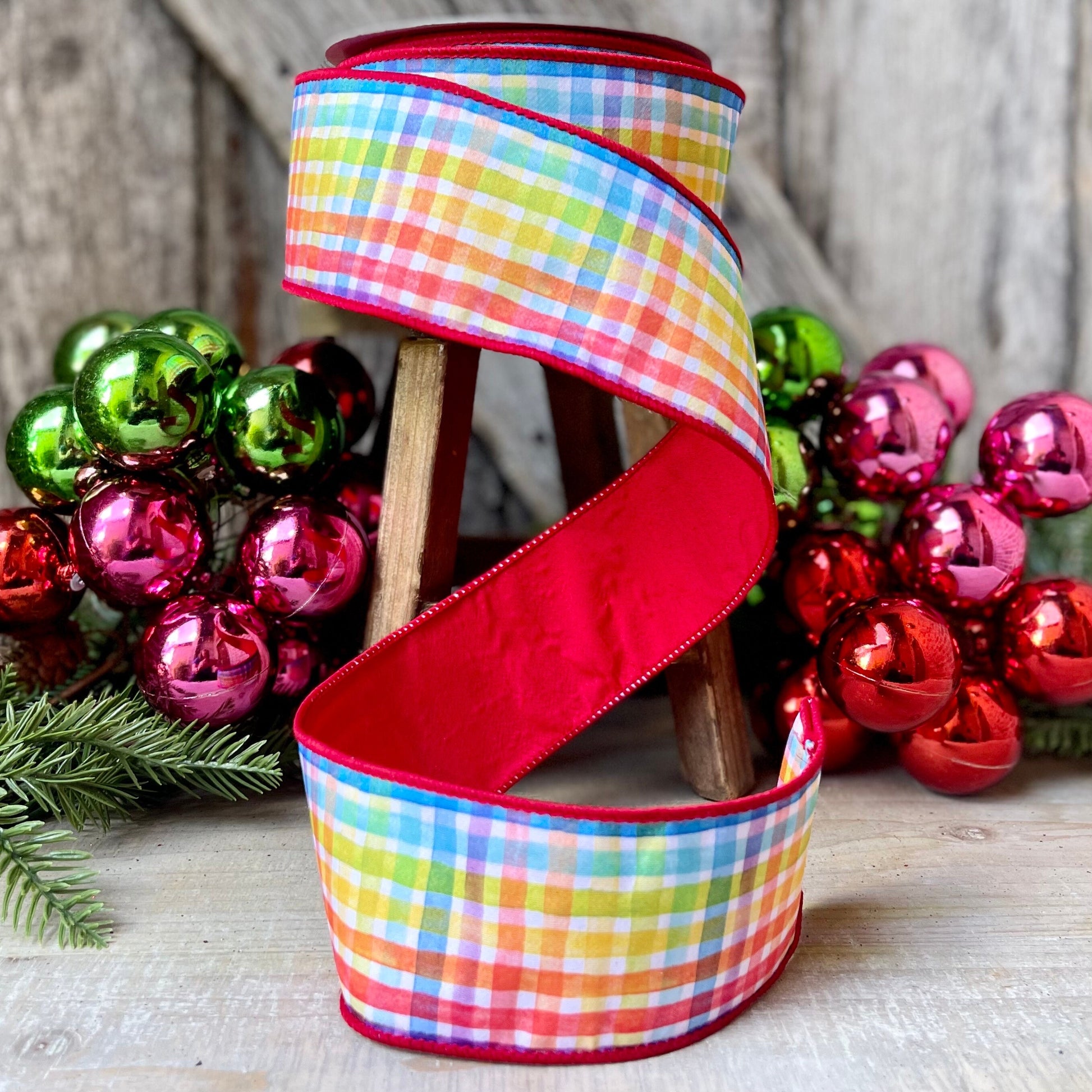 2.5" Rainbow Plaid Ribbon, Christmas Ribbon, Colorful Ribbon