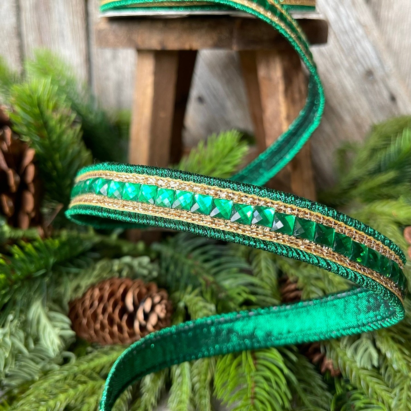 3/4" Emerald Green Jeweled Ribbon, Farrisilk Ribbon, Green Jewelry Garland