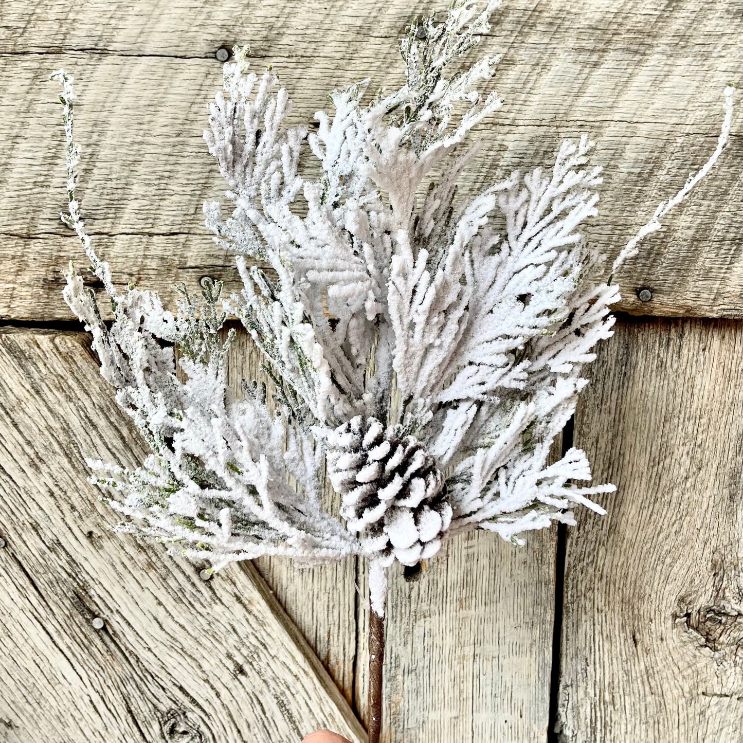 18" Snow Cedar Pinecone Spray, Flocked Pine Stem, Flocked Greenery