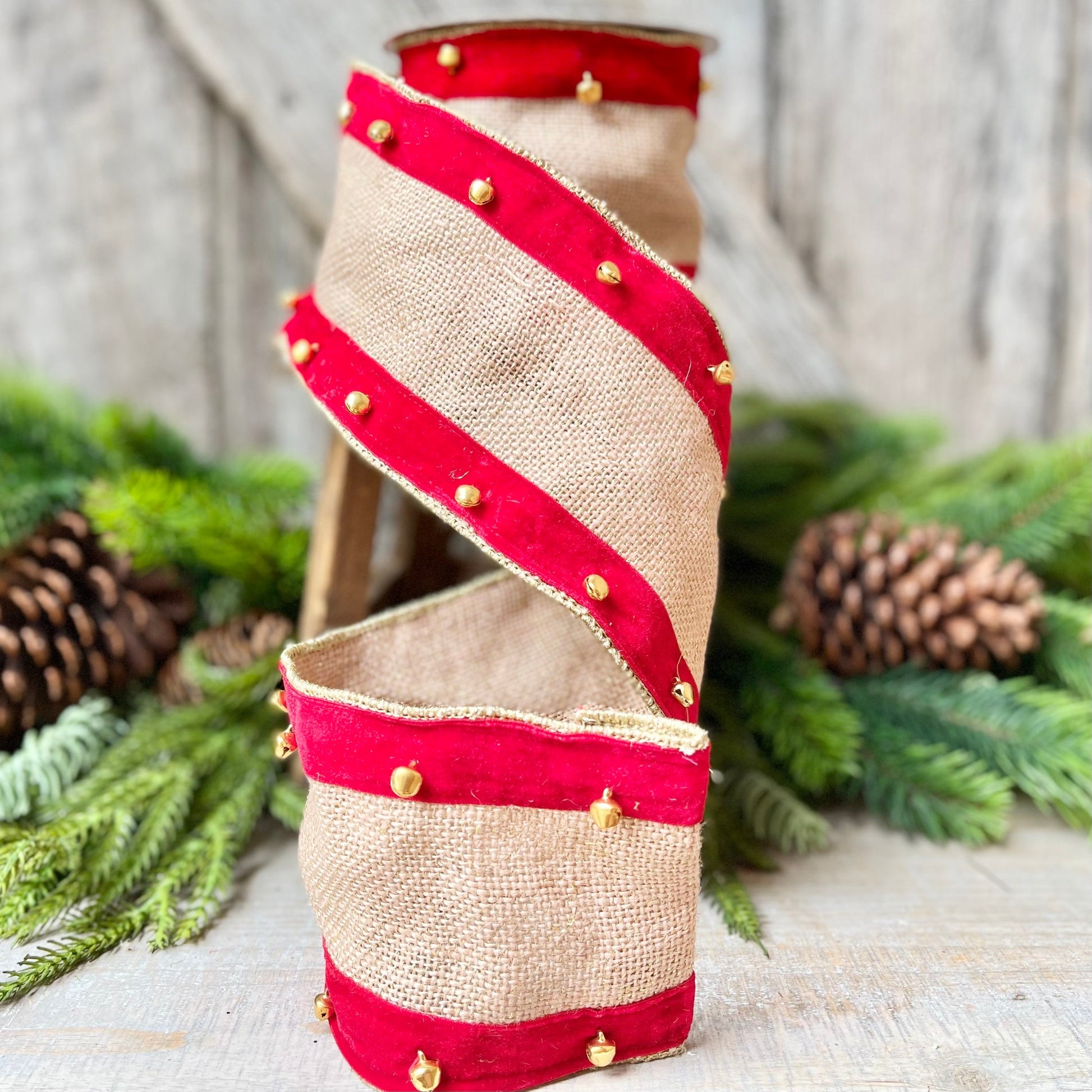 4" Red Velvet and Burlap Bells Ribbon, Christmas Burlap RIbbon, 5 Yards