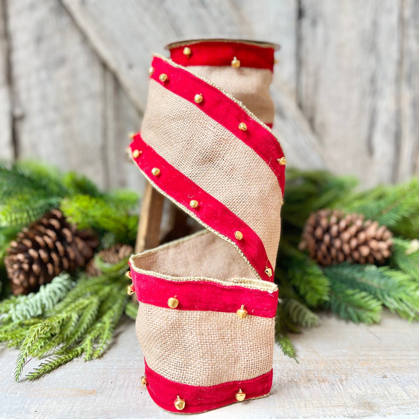 4" Red Velvet and Burlap Bells Ribbon, Christmas Burlap RIbbon, 5 Yards