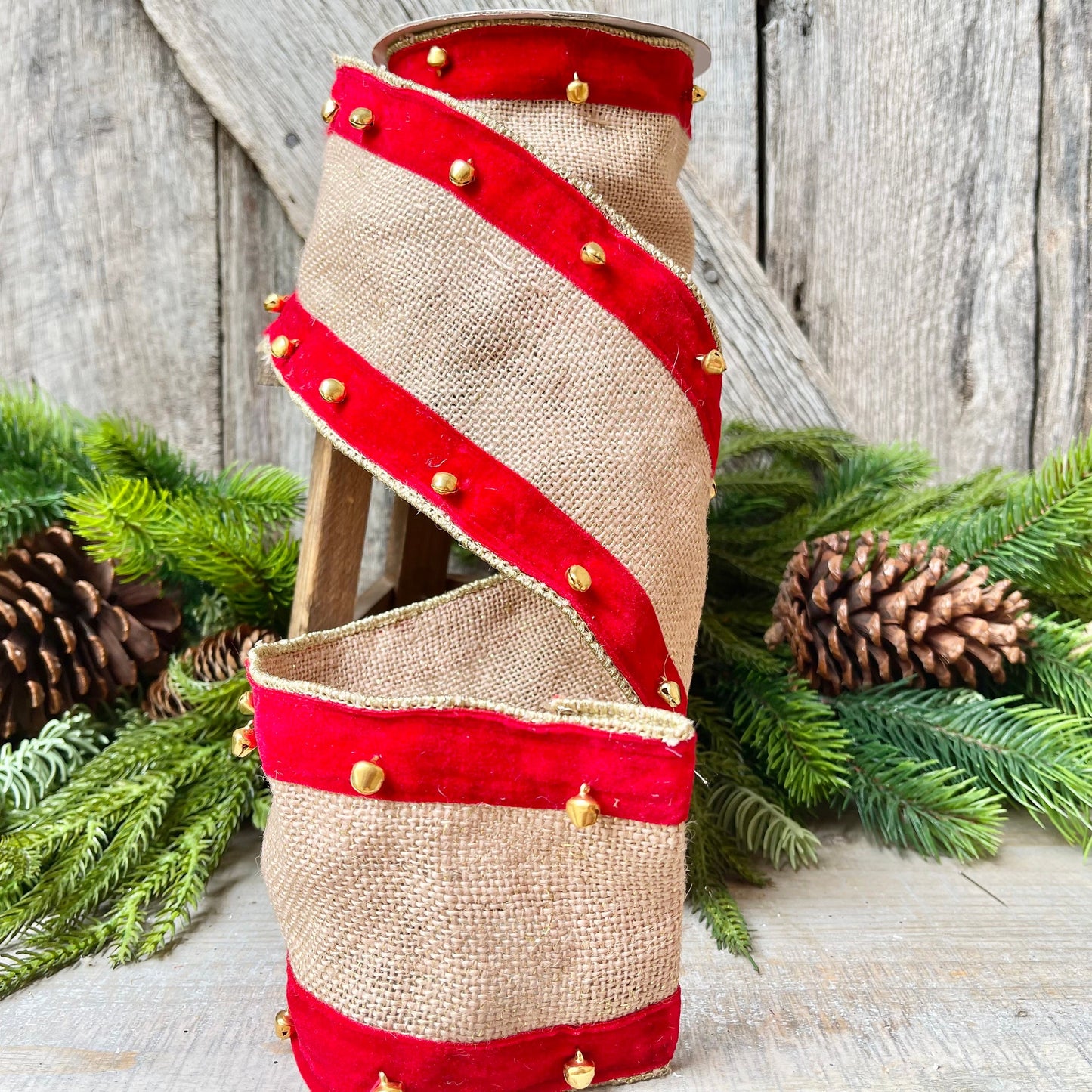 4" Red Velvet and Burlap Bells Ribbon, Christmas Burlap RIbbon, 5 Yards