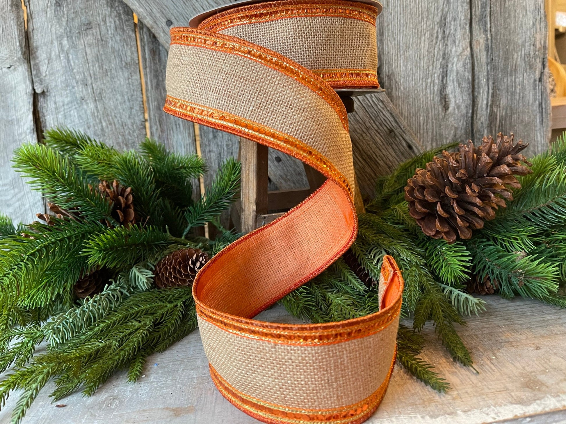 2.5" Orange Sequin Borders Ribbon, Farrisilk Ribbon, Wired Ribbon