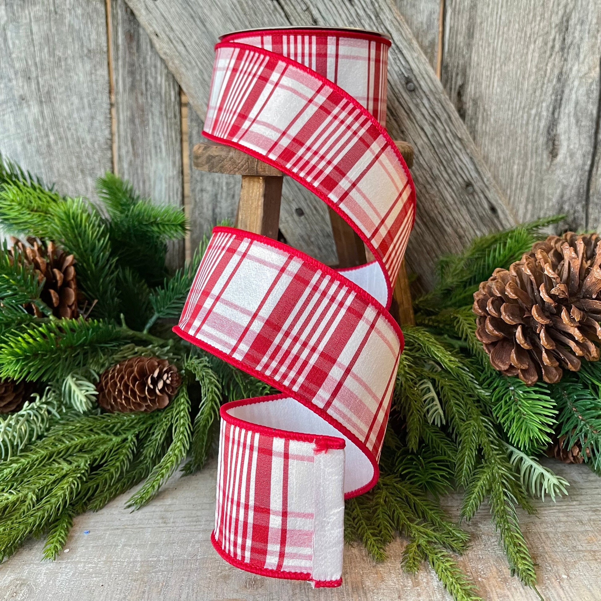 2.5" Red White Christmas PLaid Ribbon, Farrisilk Plaid, Julian Plaid