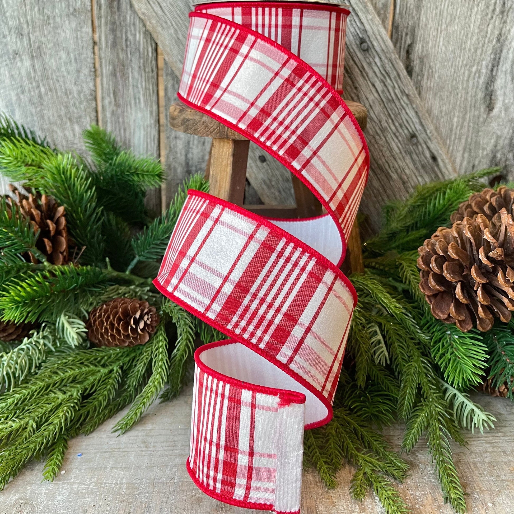 2.5" Red White Christmas PLaid Ribbon, Farrisilk Plaid, Julian Plaid