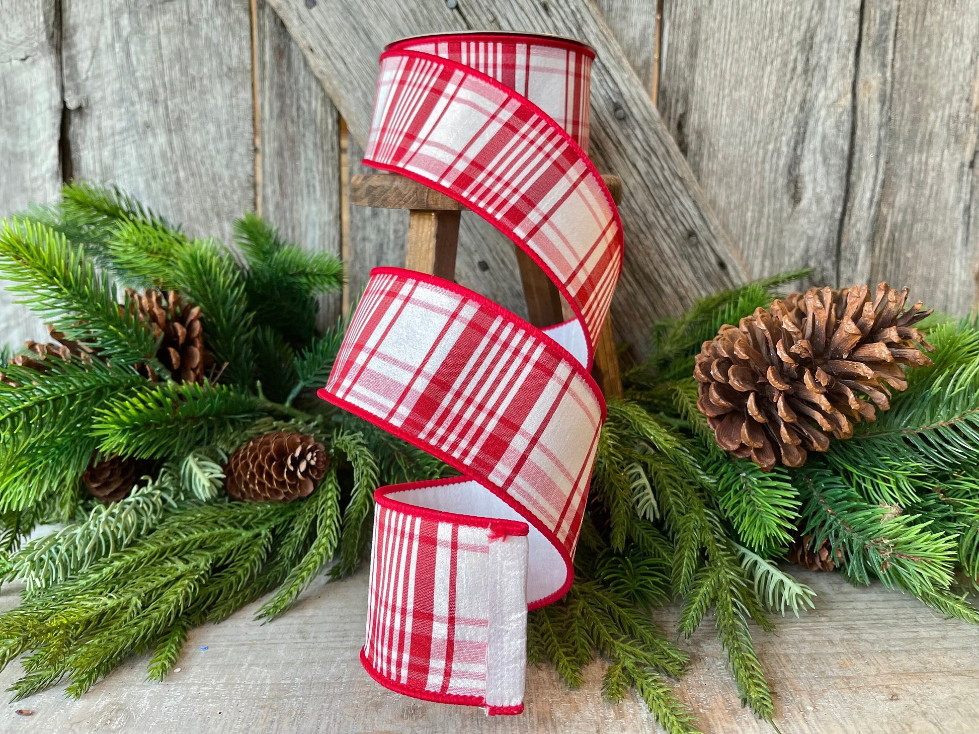 2.5" Red White Christmas PLaid Ribbon, Farrisilk Plaid, Julian Plaid