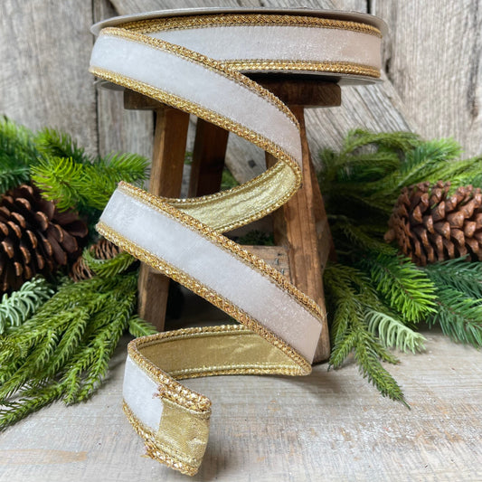 Farrislk 1" Ivory Gold Royal Velvet, Holiday Ribbon