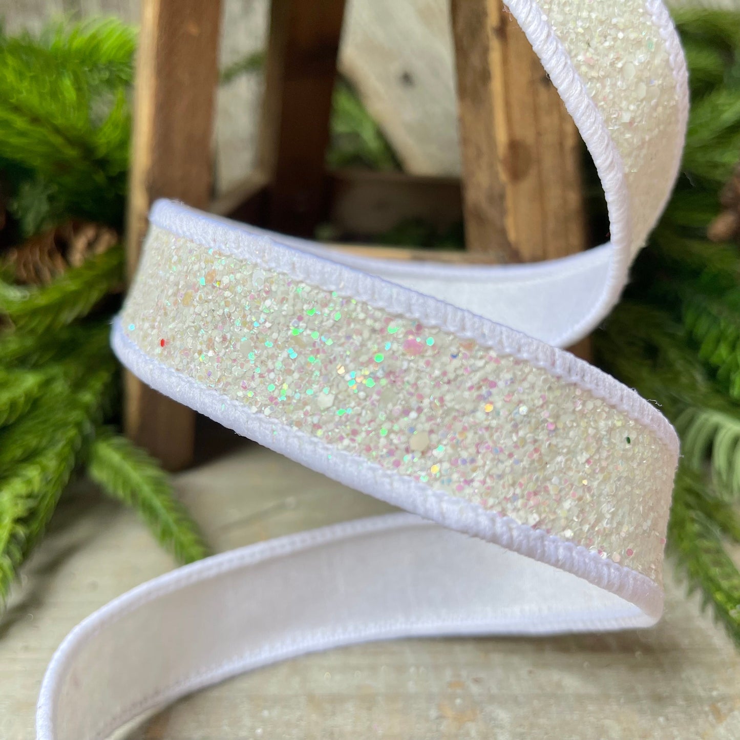 1" IRIDESCENT WHITE Pixie Dust, Farrisilk Ribbon, White Glitter RIbbon