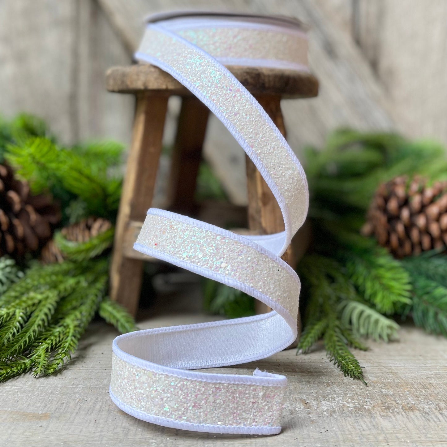 1" IRIDESCENT WHITE Pixie Dust, Farrisilk Ribbon, White Glitter RIbbon