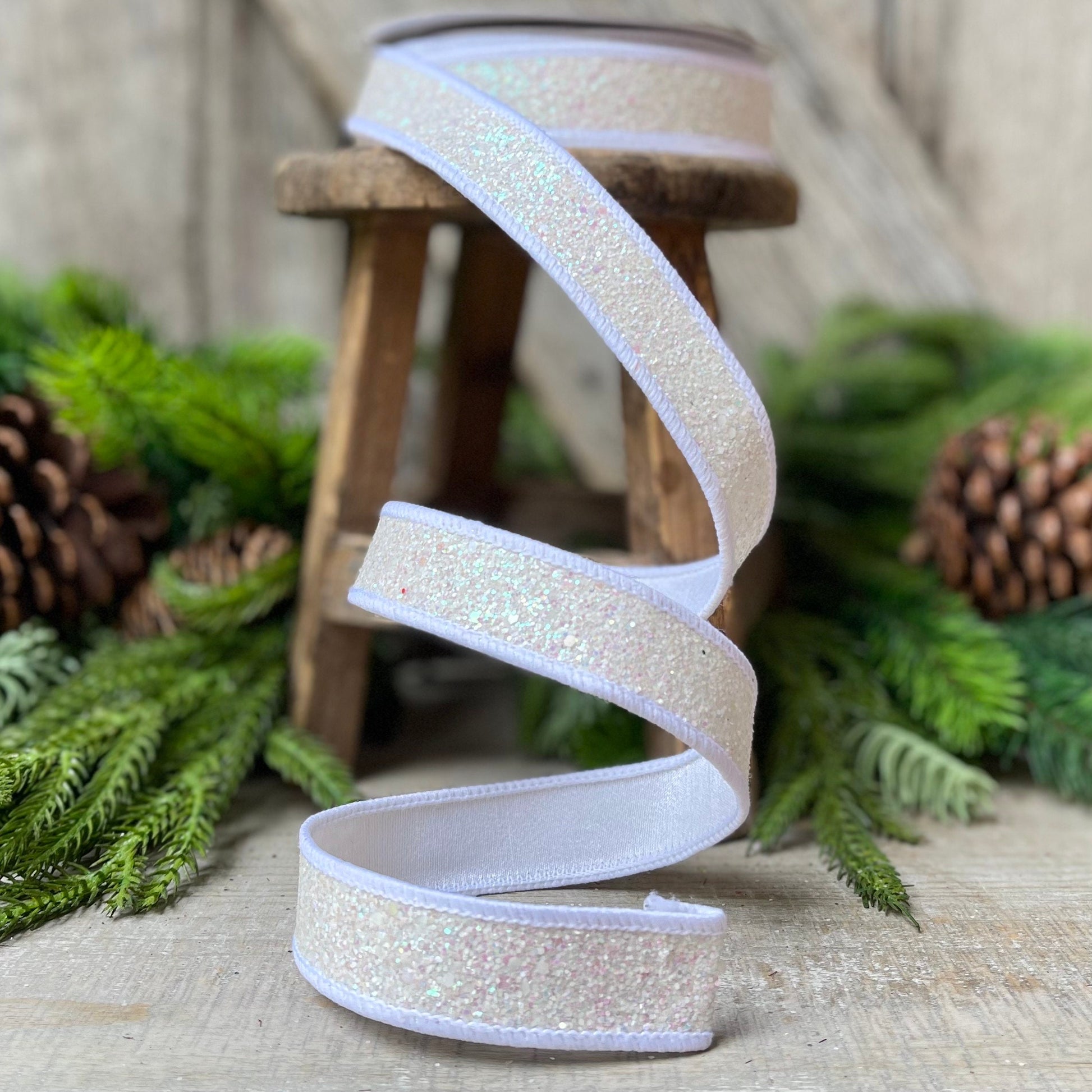 1" IRIDESCENT WHITE Pixie Dust, Farrisilk Ribbon, White Glitter RIbbon