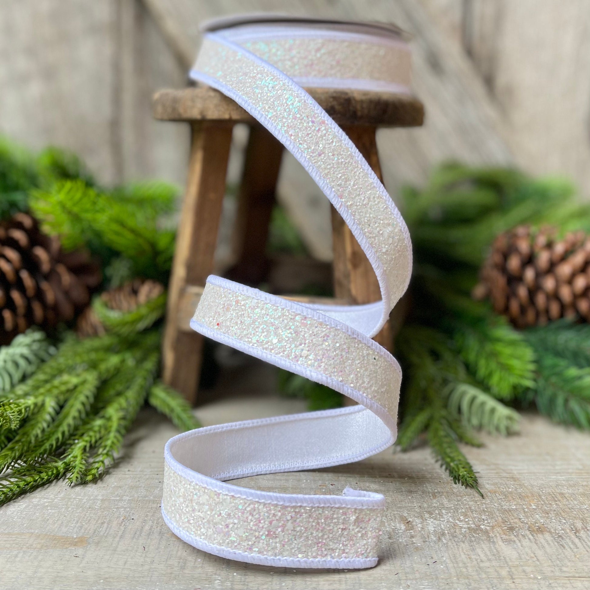 1" IRIDESCENT WHITE Pixie Dust, Farrisilk Ribbon, White Glitter RIbbon