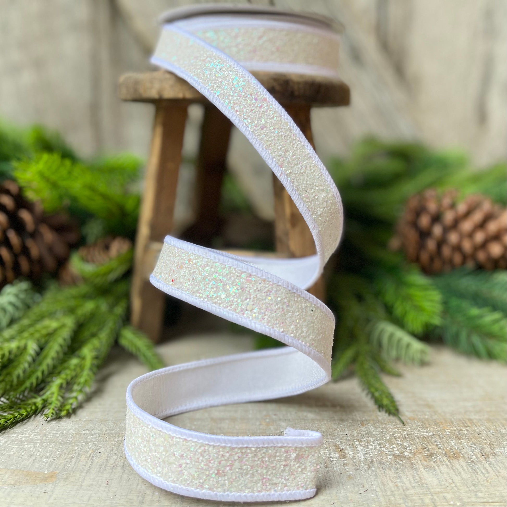 1" IRIDESCENT WHITE Pixie Dust, Farrisilk Ribbon, White Glitter RIbbon