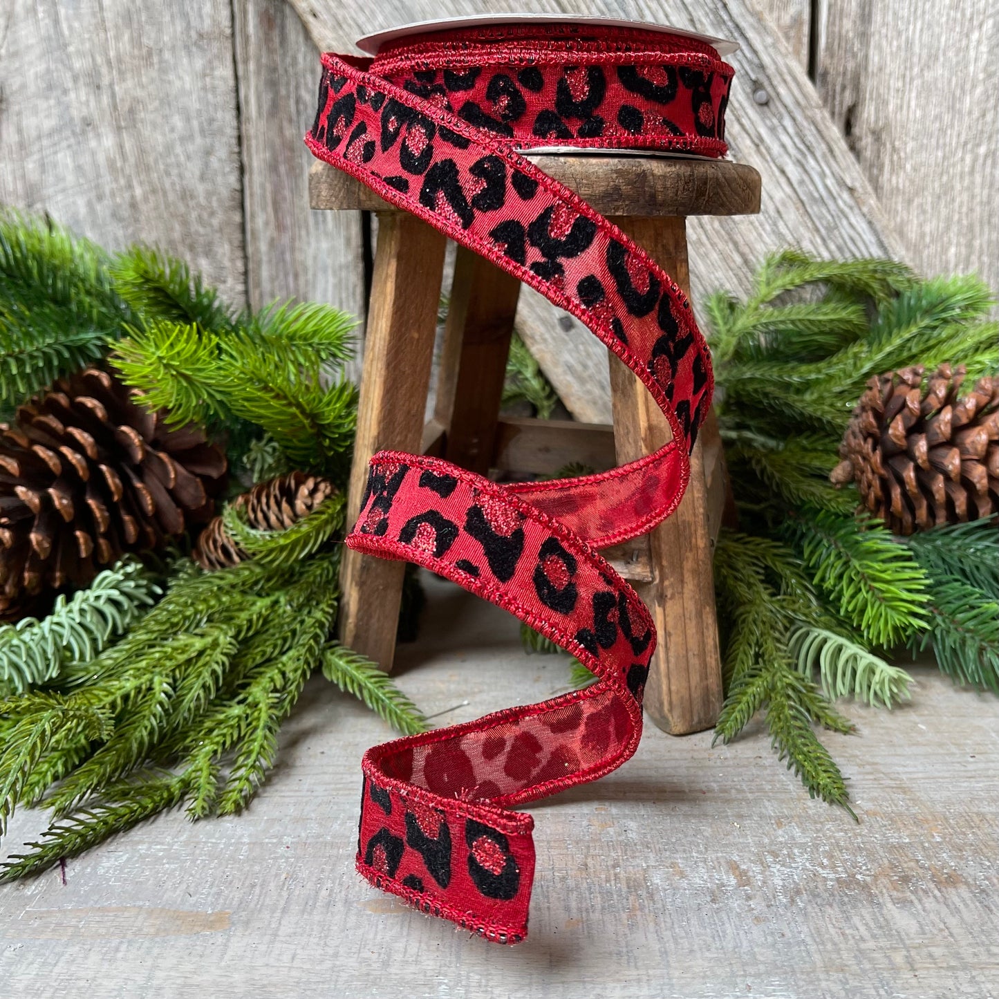 1" Red leopard ribbon, Farrisilk, luxury ribbon