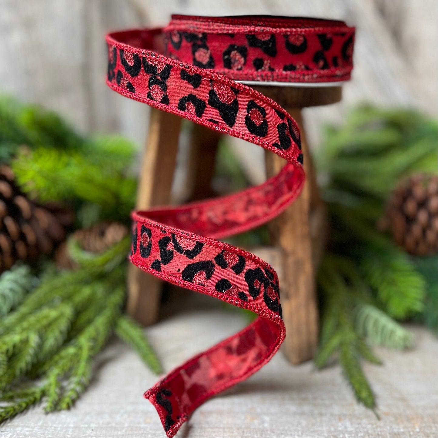 1" Red leopard ribbon, Farrisilk, luxury ribbon