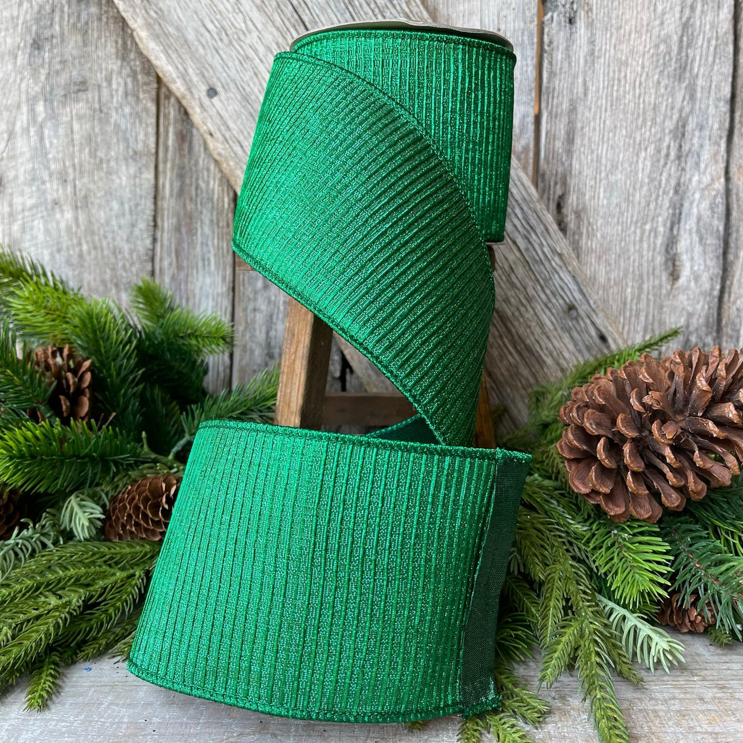 4" Emerald Green Pleated Metallic Ribbon, Farrisilk Ribbon,Wired Ribbon, Holiday Ribbon