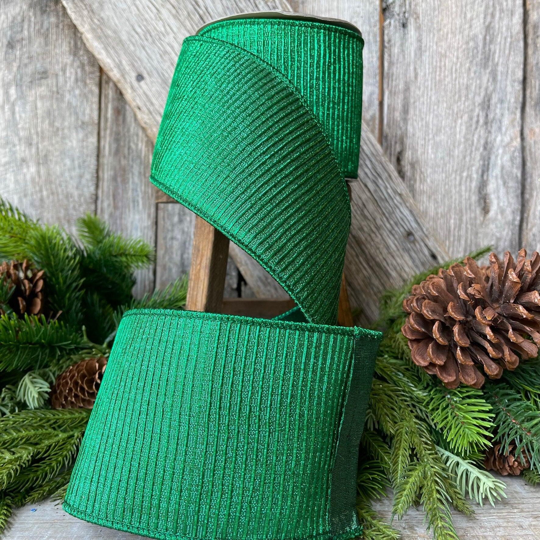 4" Emerald Green Pleated Metallic Ribbon, Farrisilk Ribbon,Wired Ribbon, Holiday Ribbon