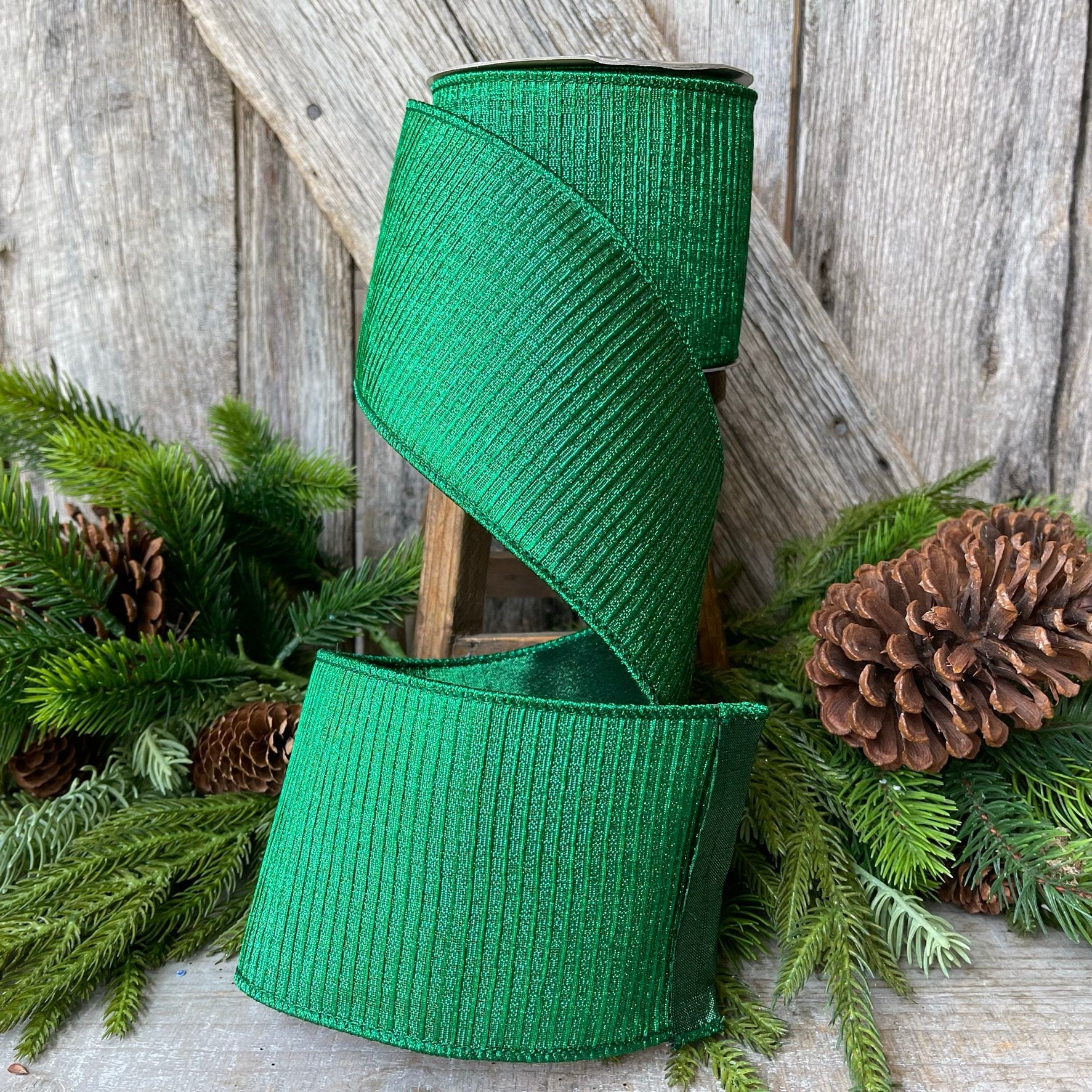 4" Emerald Green Pleated Metallic Ribbon, Farrisilk Ribbon,Wired Ribbon, Holiday Ribbon