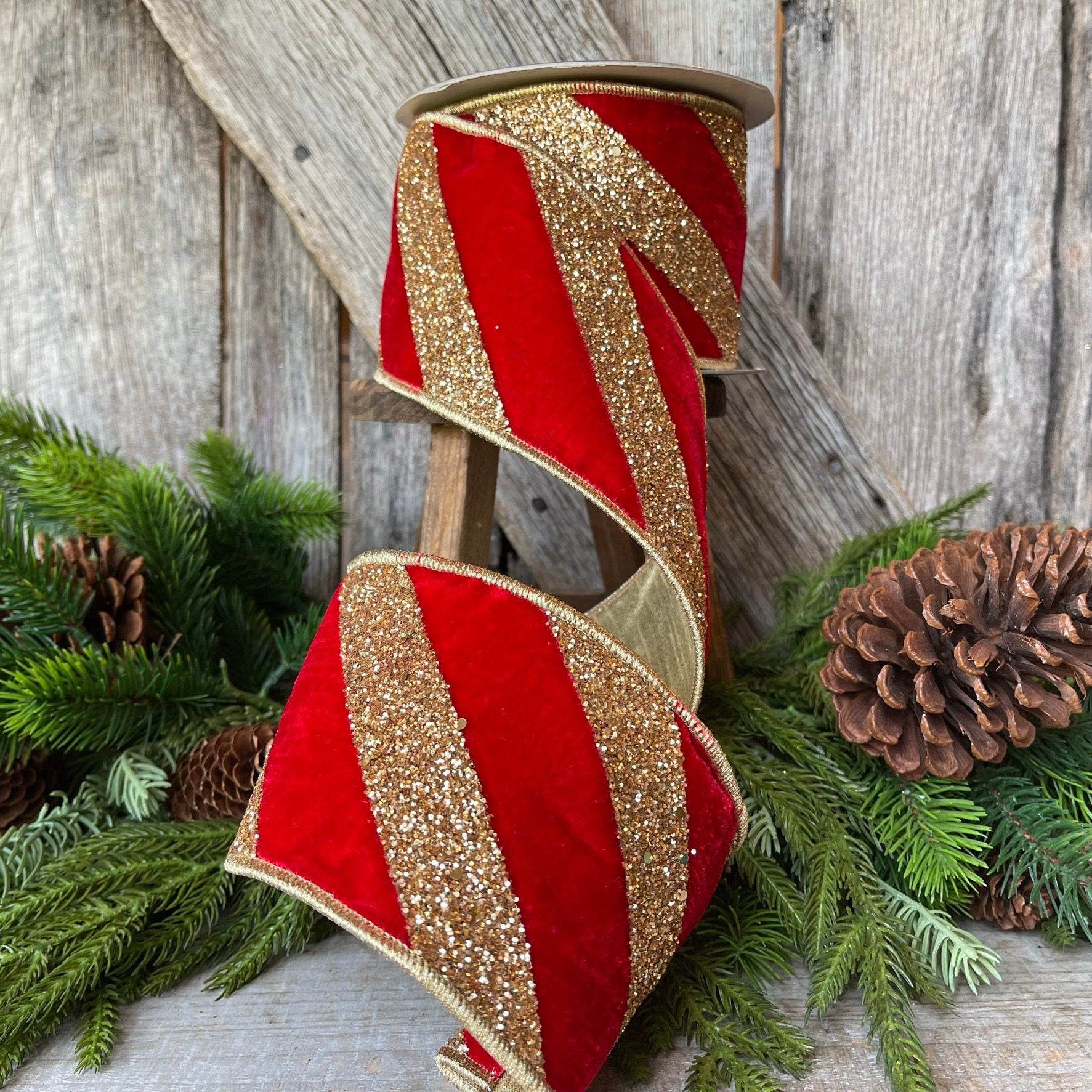 4" Red Gold Ribbon Diagonal Stripe, Christmas Tree Ribbon