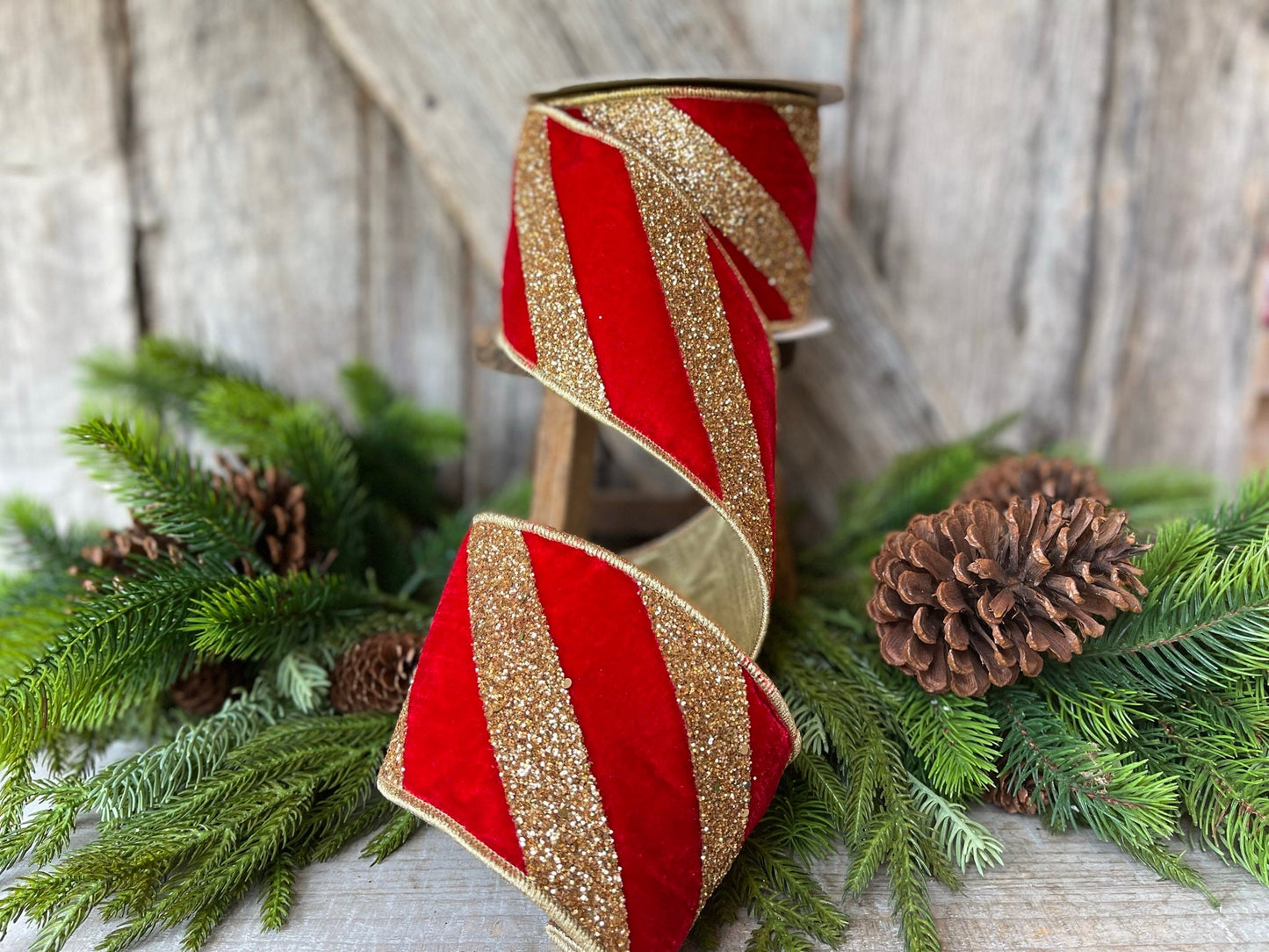 4" Red Gold Ribbon Diagonal Stripe, Christmas Tree Ribbon