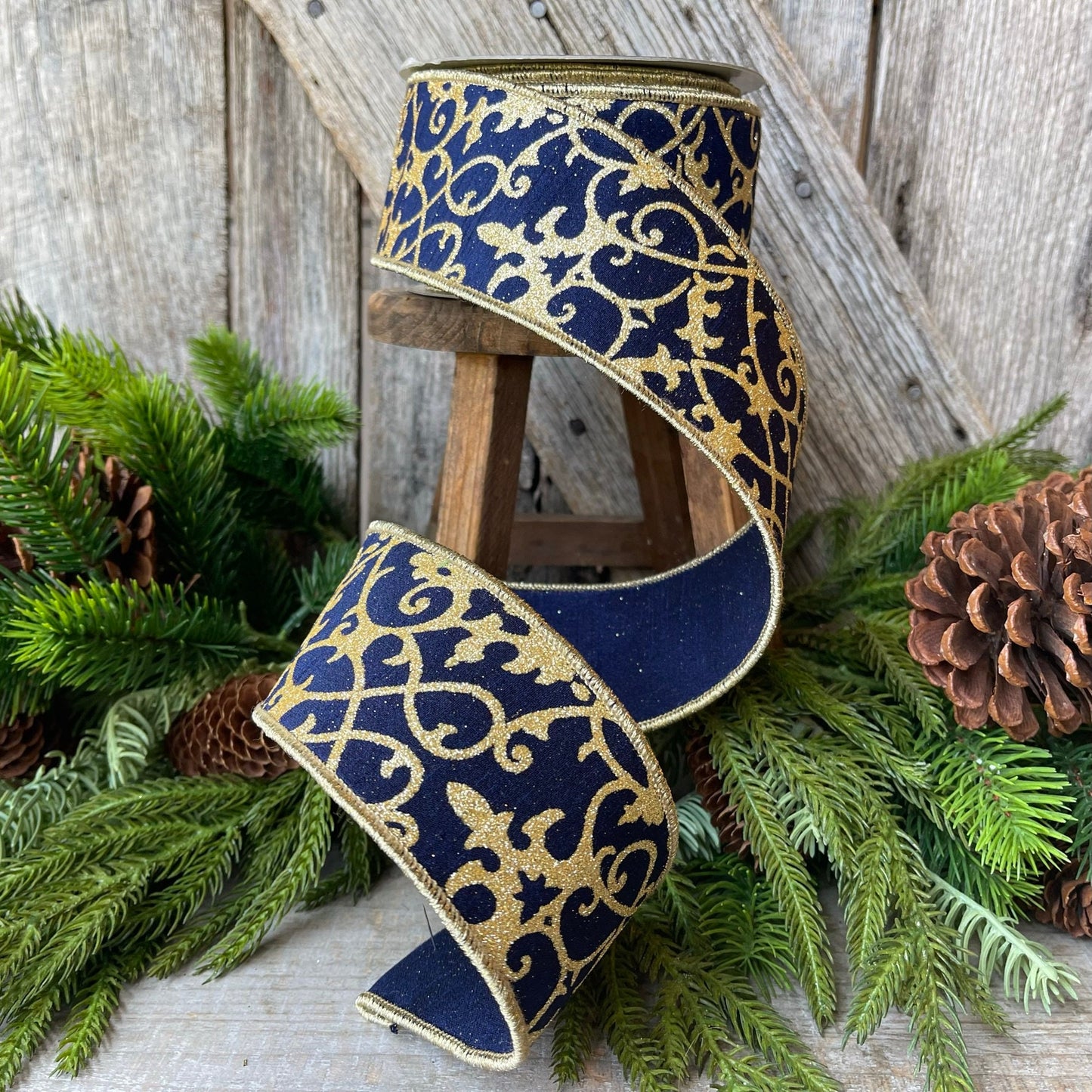 2.5" Navy Blue CASSIA ACANTHUS Ribbon, Farrisilk Ribbon, Navy Blue and Gold Ribbon