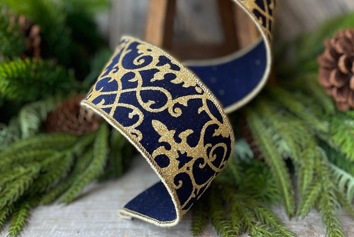 2.5" Navy Blue CASSIA ACANTHUS Ribbon, Farrisilk Ribbon, Navy Blue and Gold Ribbon