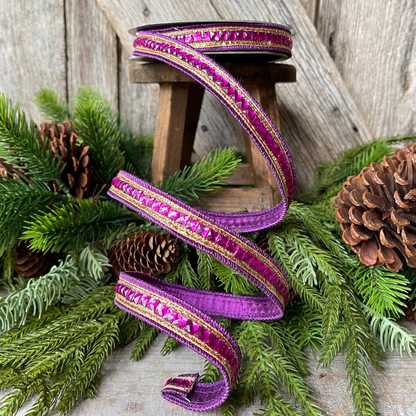 3/4" Purple Fuchsia Jeweled Ribbon, Farrisilk Ribbon