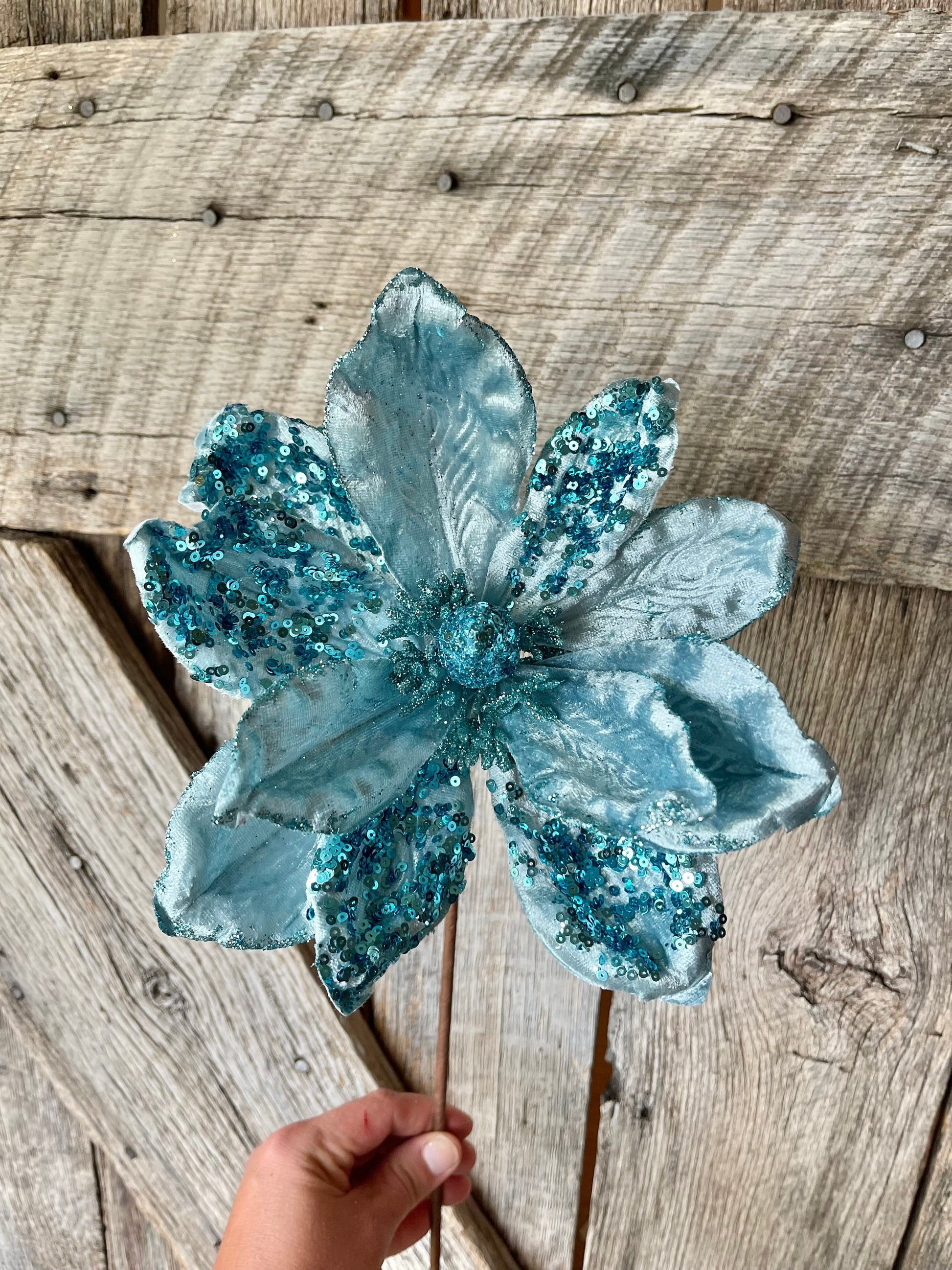 24" Aqua Blue Velvet Sequin Magnolia Stem, jeweled Christmas Spray