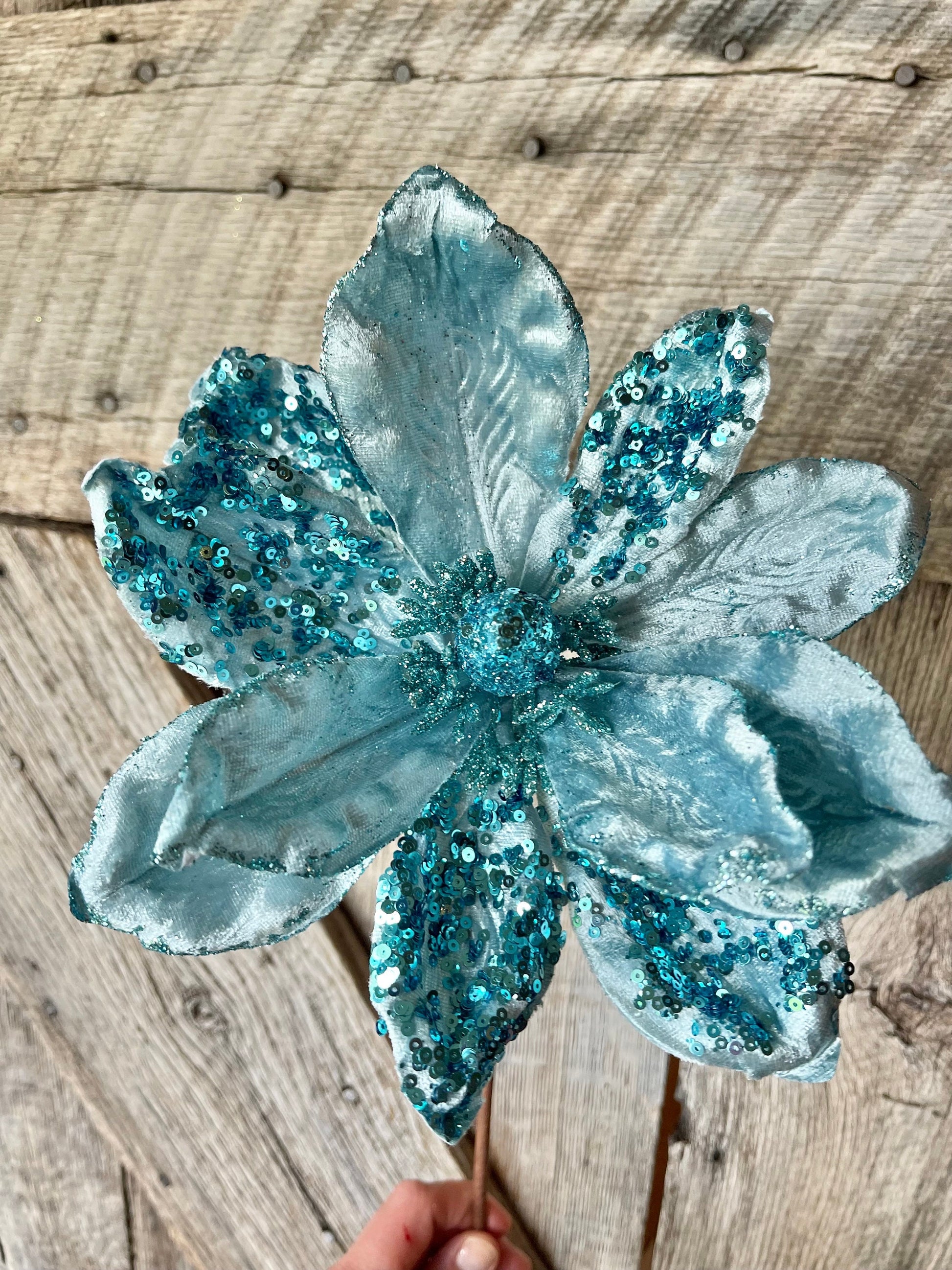 24" Aqua Blue Velvet Sequin Magnolia Stem, jeweled Christmas Spray