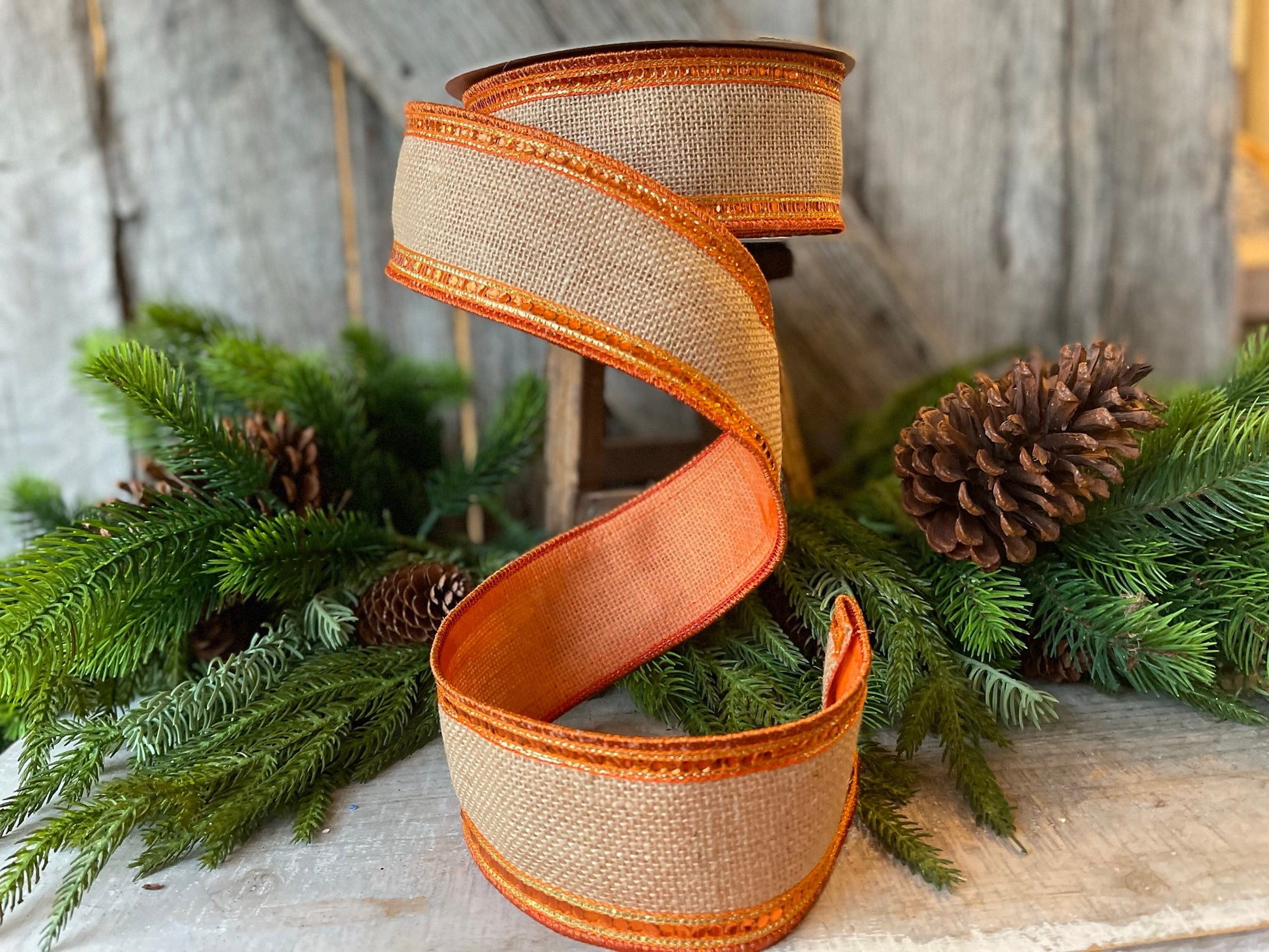 2.5" Orange Sequin Borders Ribbon, Farrisilk Ribbon, Wired Ribbon