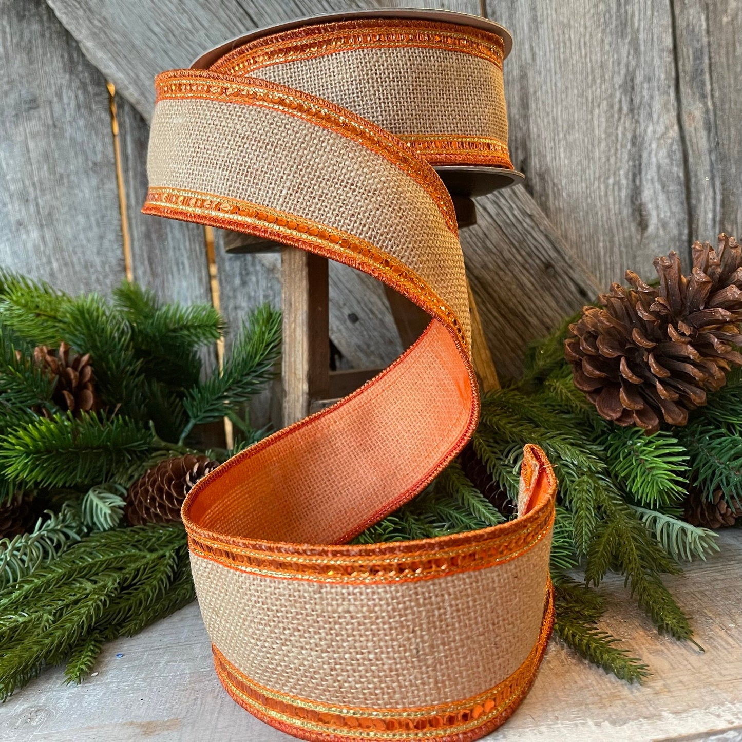 2.5" Orange Sequin Borders Ribbon, Farrisilk Ribbon, Wired Ribbon