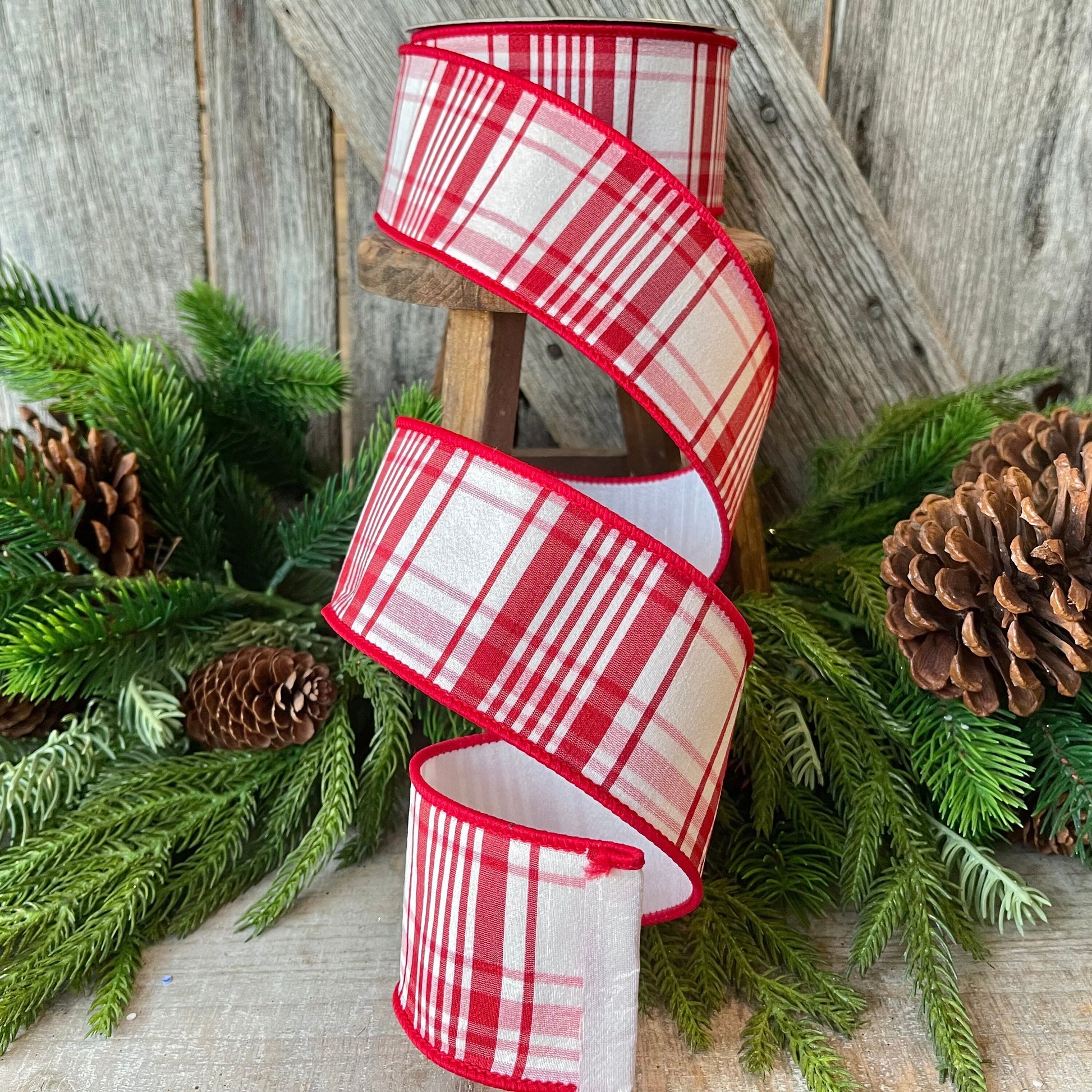 2.5" Red White Christmas PLaid Ribbon, Farrisilk Plaid, Julian Plaid