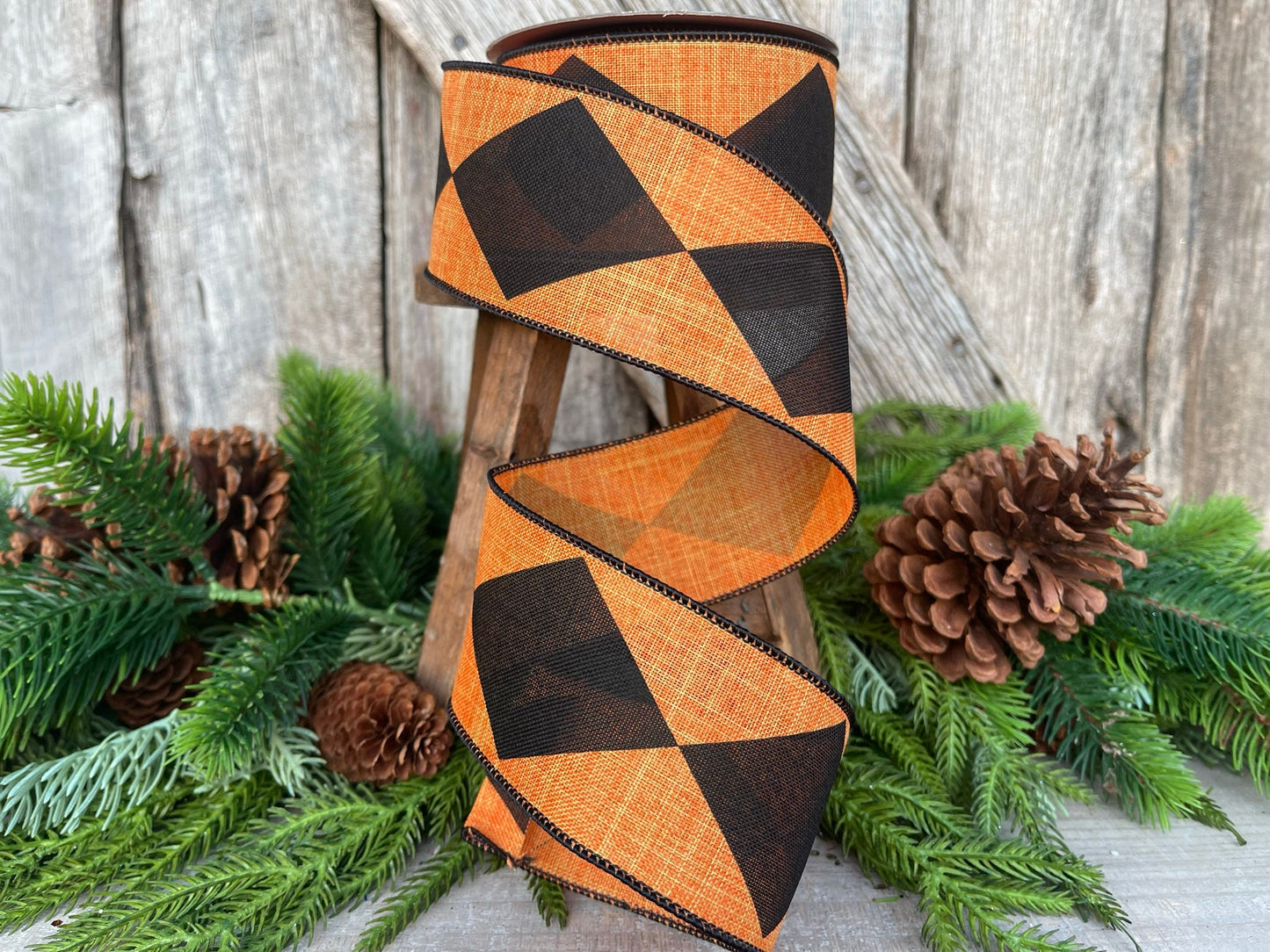 2.5" Orange Harlequin Ribbon, Farrisilk Ribbon, Orange Dark Diamonds by Farrisilk