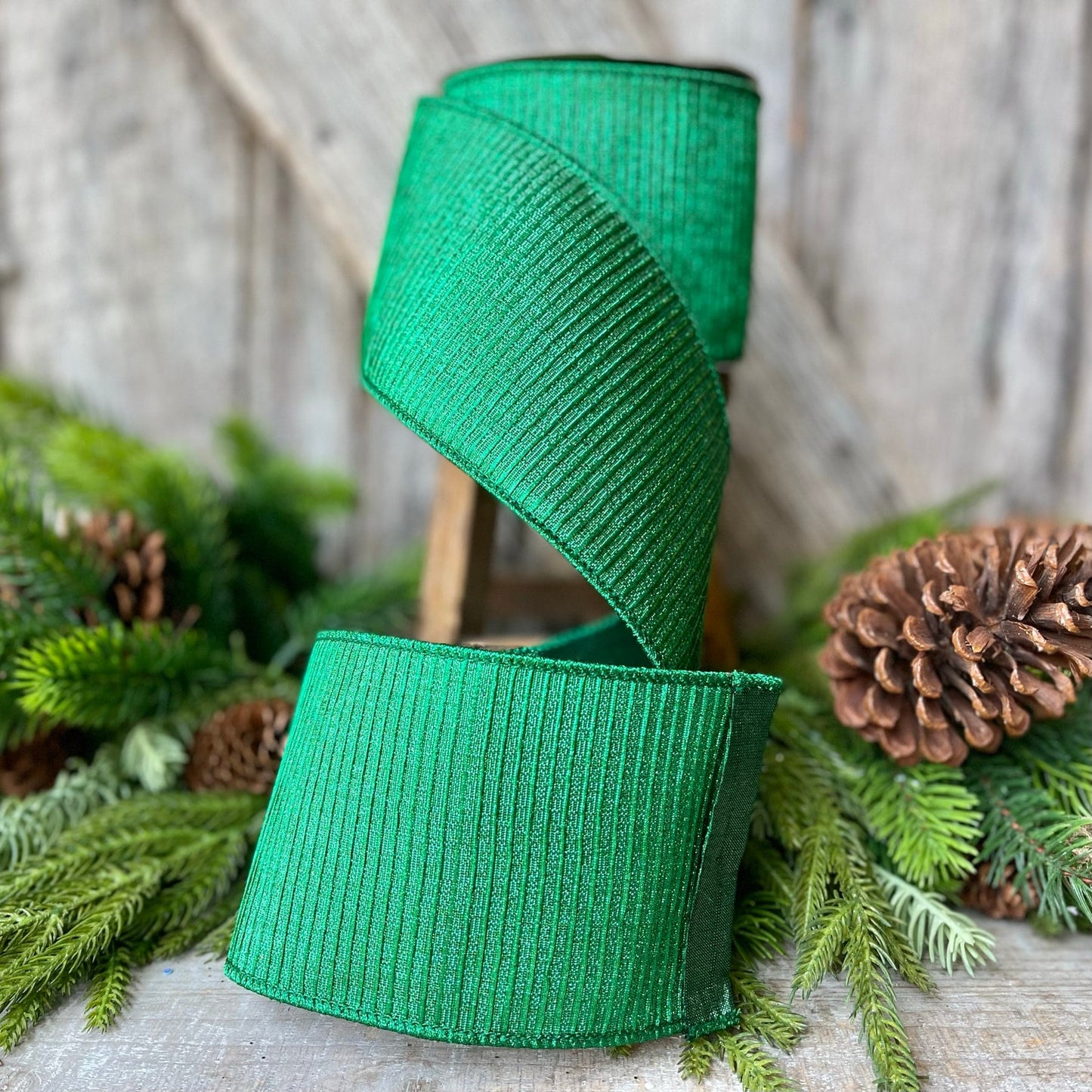 4" Emerald Green Pleated Metallic Ribbon, Farrisilk Ribbon,Wired Ribbon, Holiday Ribbon