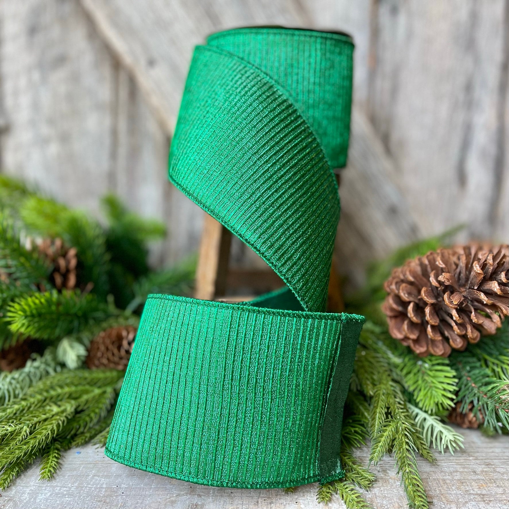 4" Emerald Green Pleated Metallic Ribbon, Farrisilk Ribbon,Wired Ribbon, Holiday Ribbon